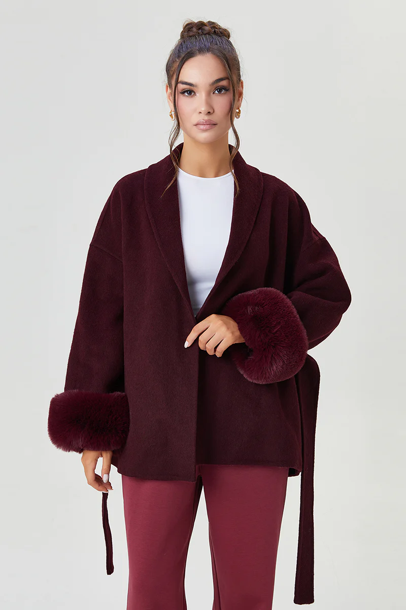 KATCH ME Solid Color Waist Tie Fuzzy Cuff Wrap Coat