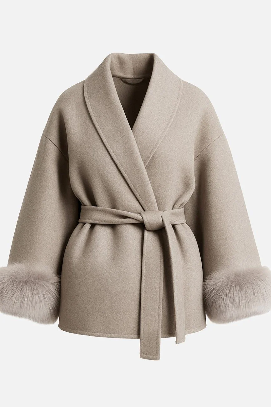 KATCH ME Solid Color Waist Tie Fuzzy Cuff Wrap Coat - Image 12