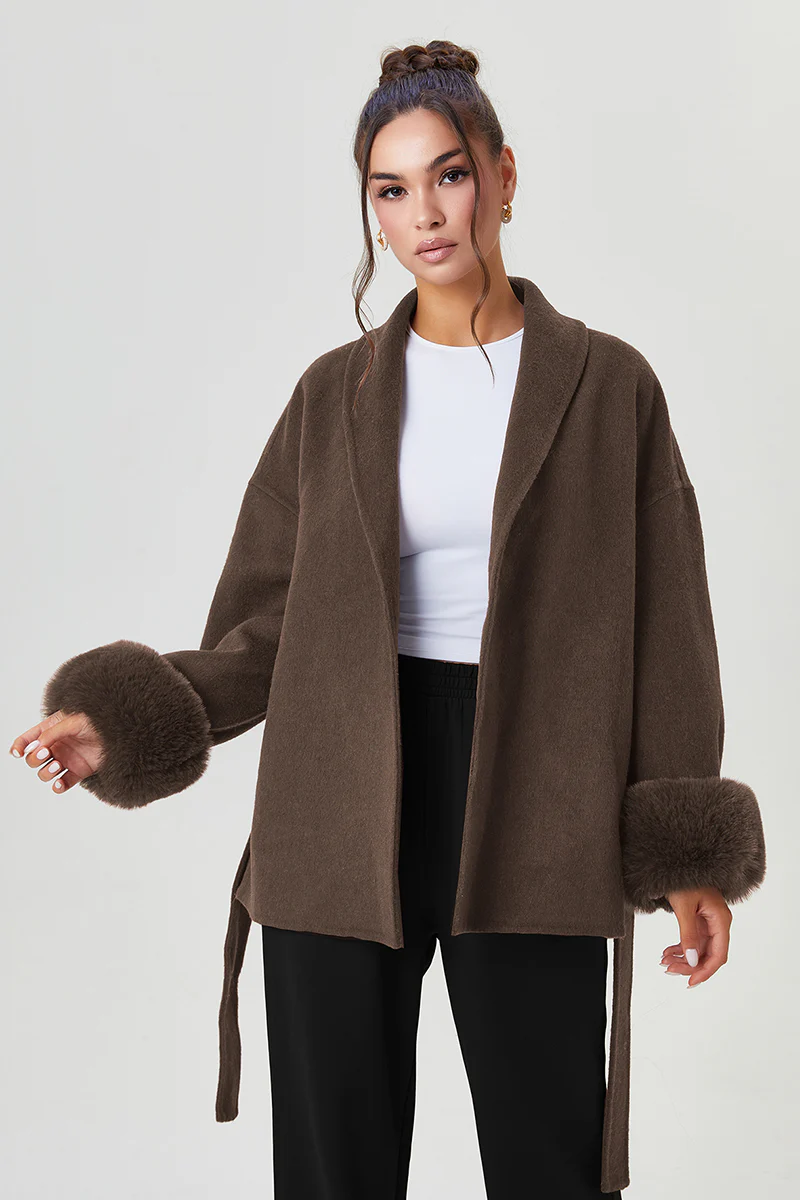 KATCH ME Solid Color Waist Tie Fuzzy Cuff Wrap Coat - Image 6