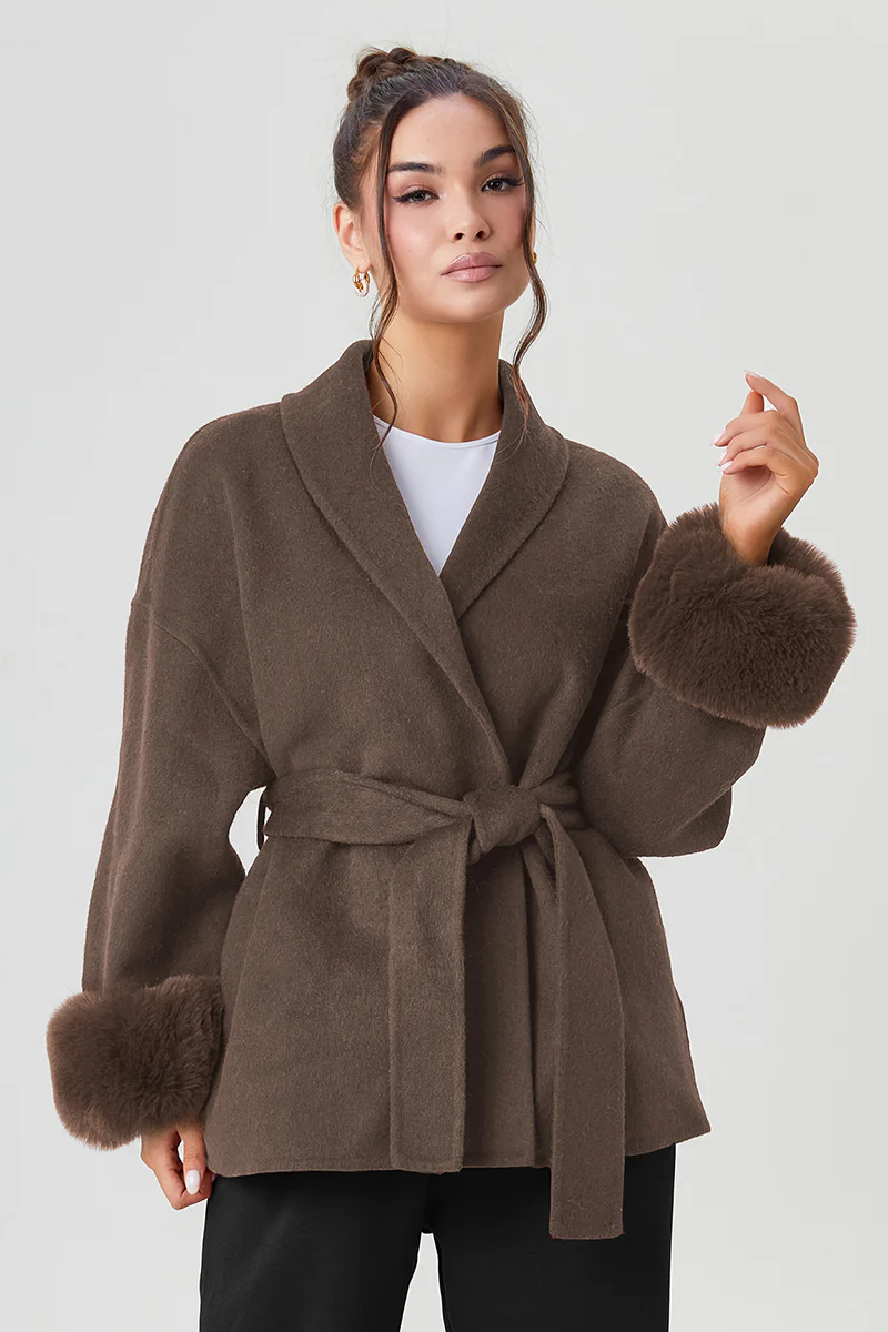 KATCH ME Solid Color Waist Tie Fuzzy Cuff Wrap Coat - Image 7