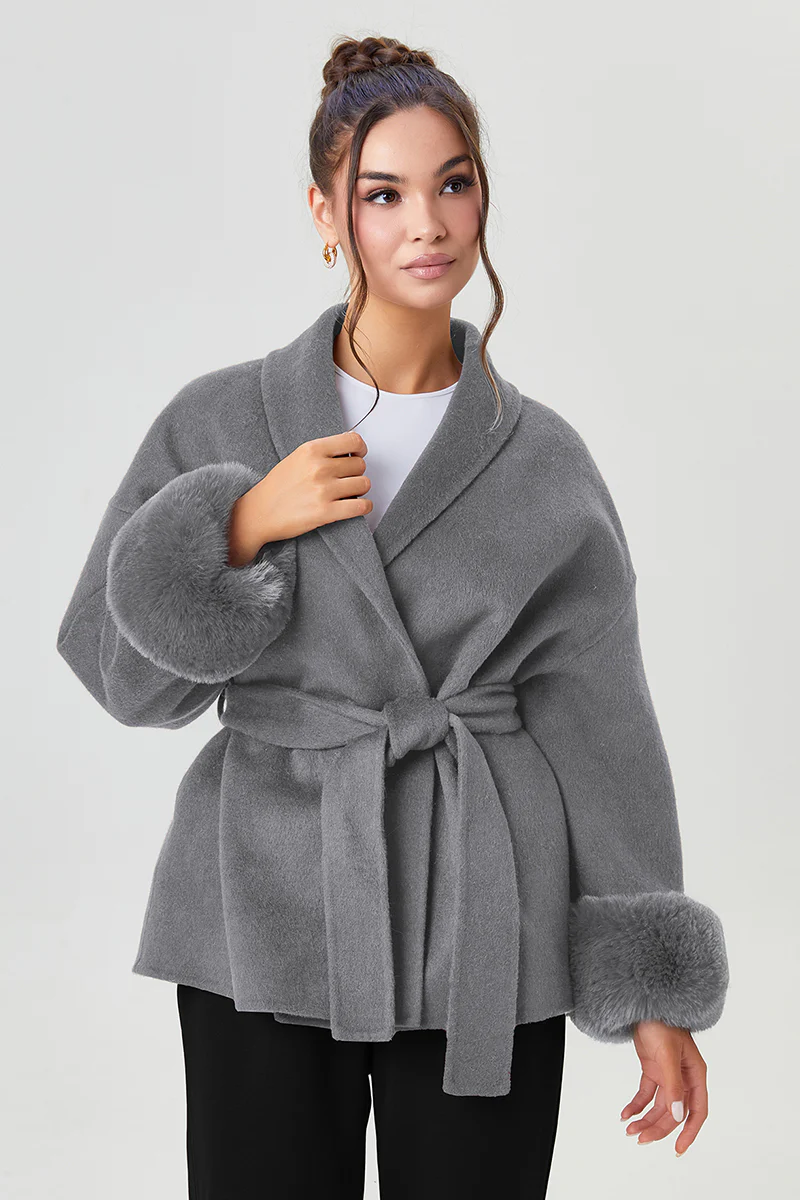 KATCH ME Solid Color Waist Tie Fuzzy Cuff Wrap Coat - Image 8