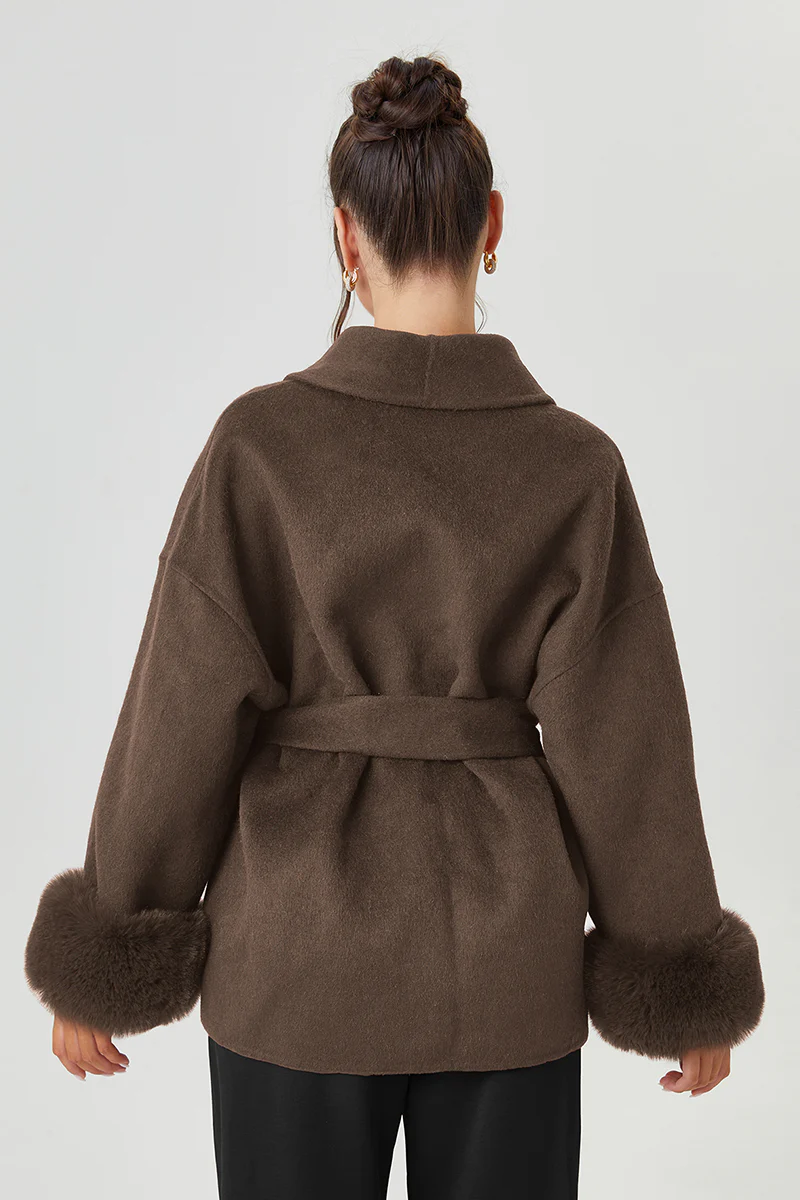 KATCH ME Solid Color Waist Tie Fuzzy Cuff Wrap Coat - Image 9
