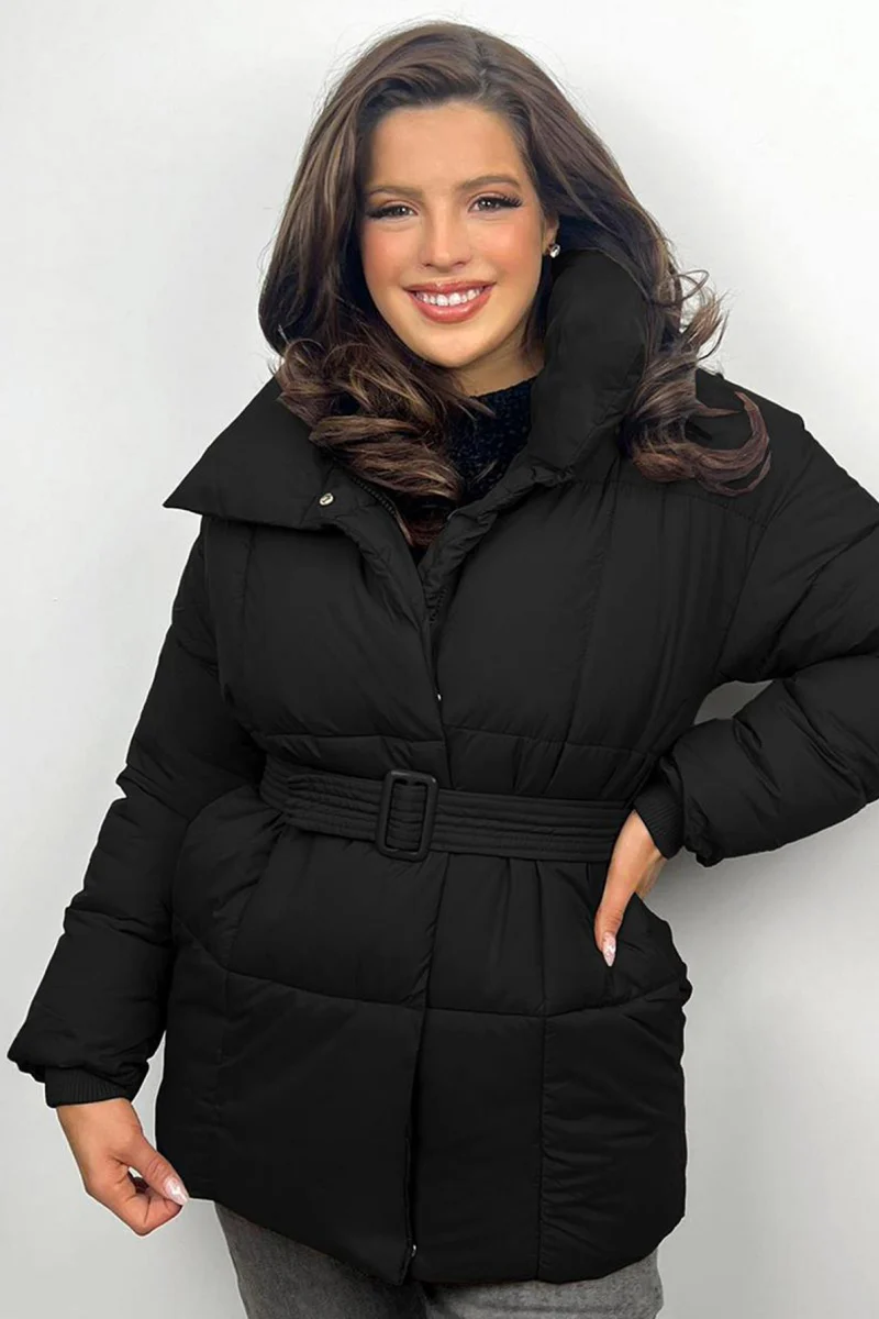 KATCH ME Stand Collar Waist Tie Zip-Up Thermal Cotton Coat - Image 3