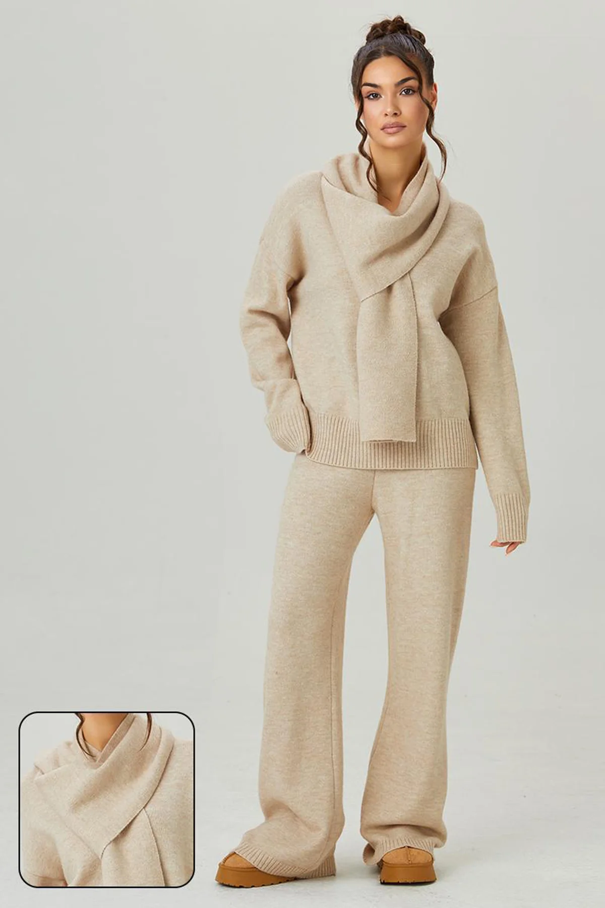 KATCH ME V-Neck Sweater with Scarf & Wide Leg Trousers Co-ord Set - Image 2