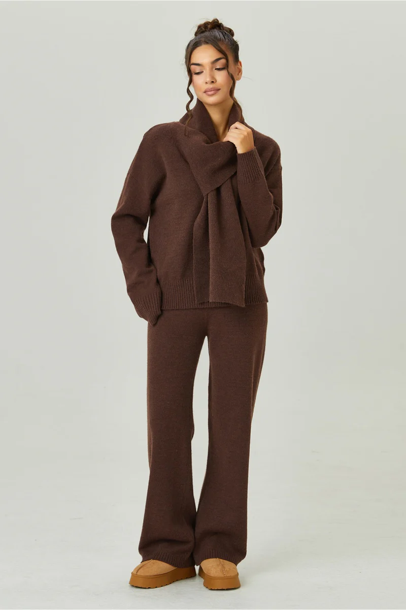 KATCH ME V-Neck Sweater with Scarf & Wide Leg Trousers Co-ord Set - Image 4