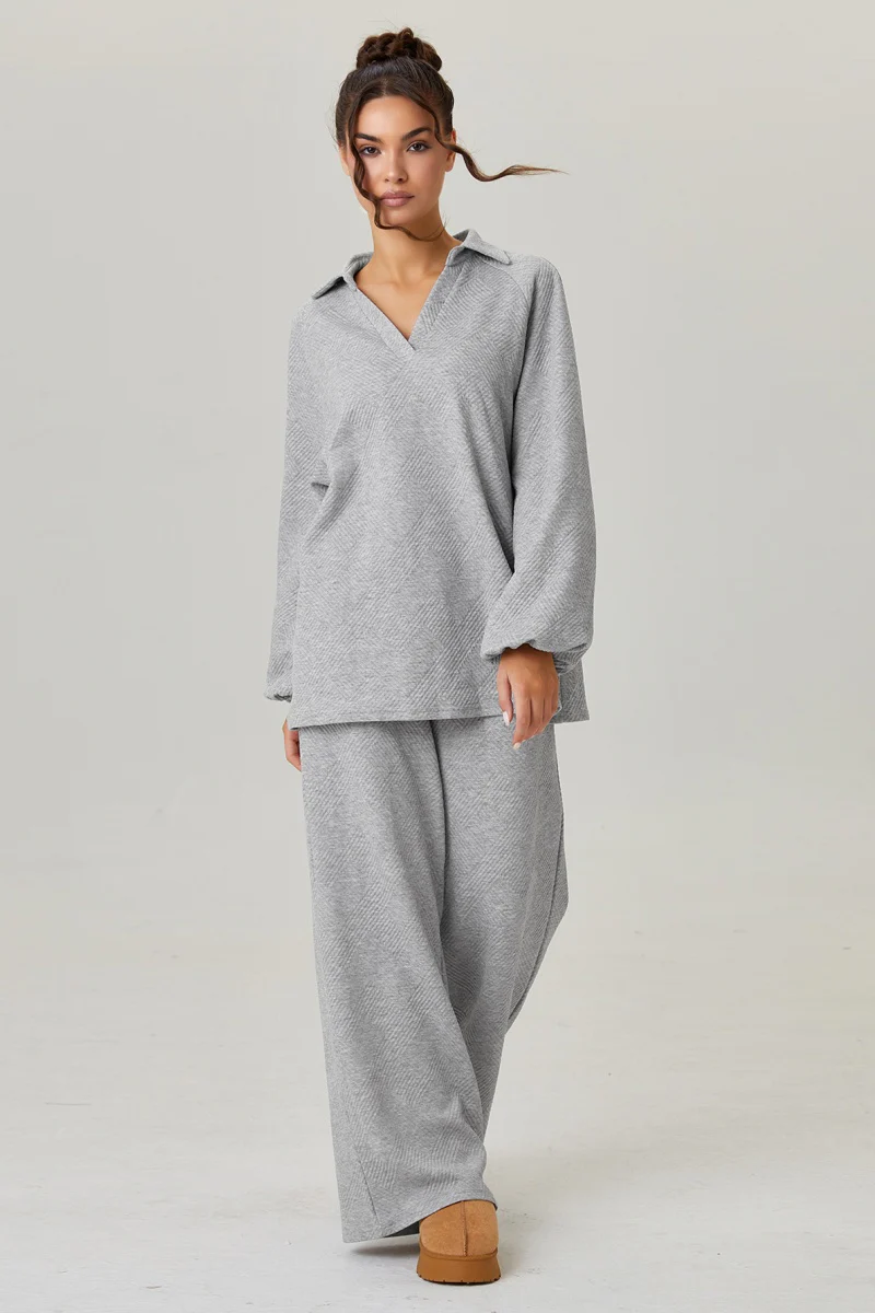 KATCH ME V-Neck Loose Textured Pullover & Drawstring Waist Trousers Co-ord Set