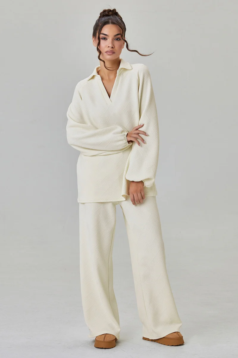KATCH ME V-Neck Loose Textured Pullover & Drawstring Waist Trousers Co-ord Set - Image 5