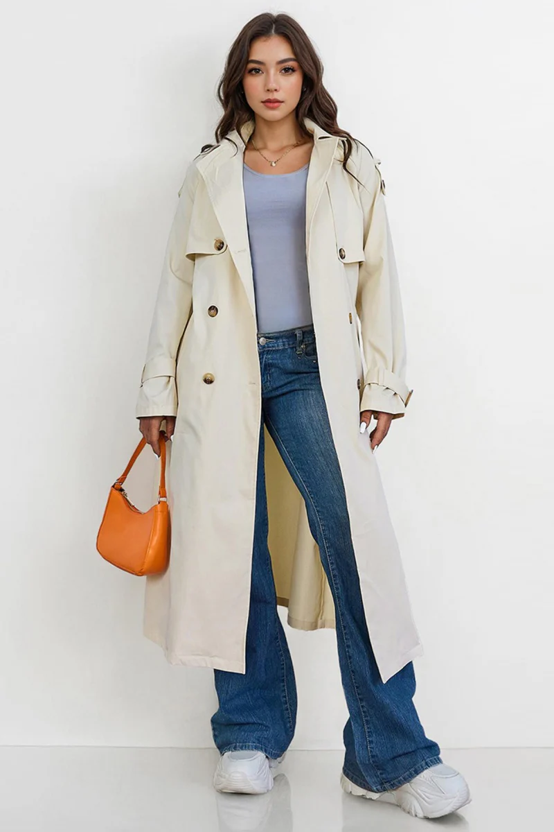 KATCH ME Notch Lapel Double Breasted Belt Decor Trench Coat