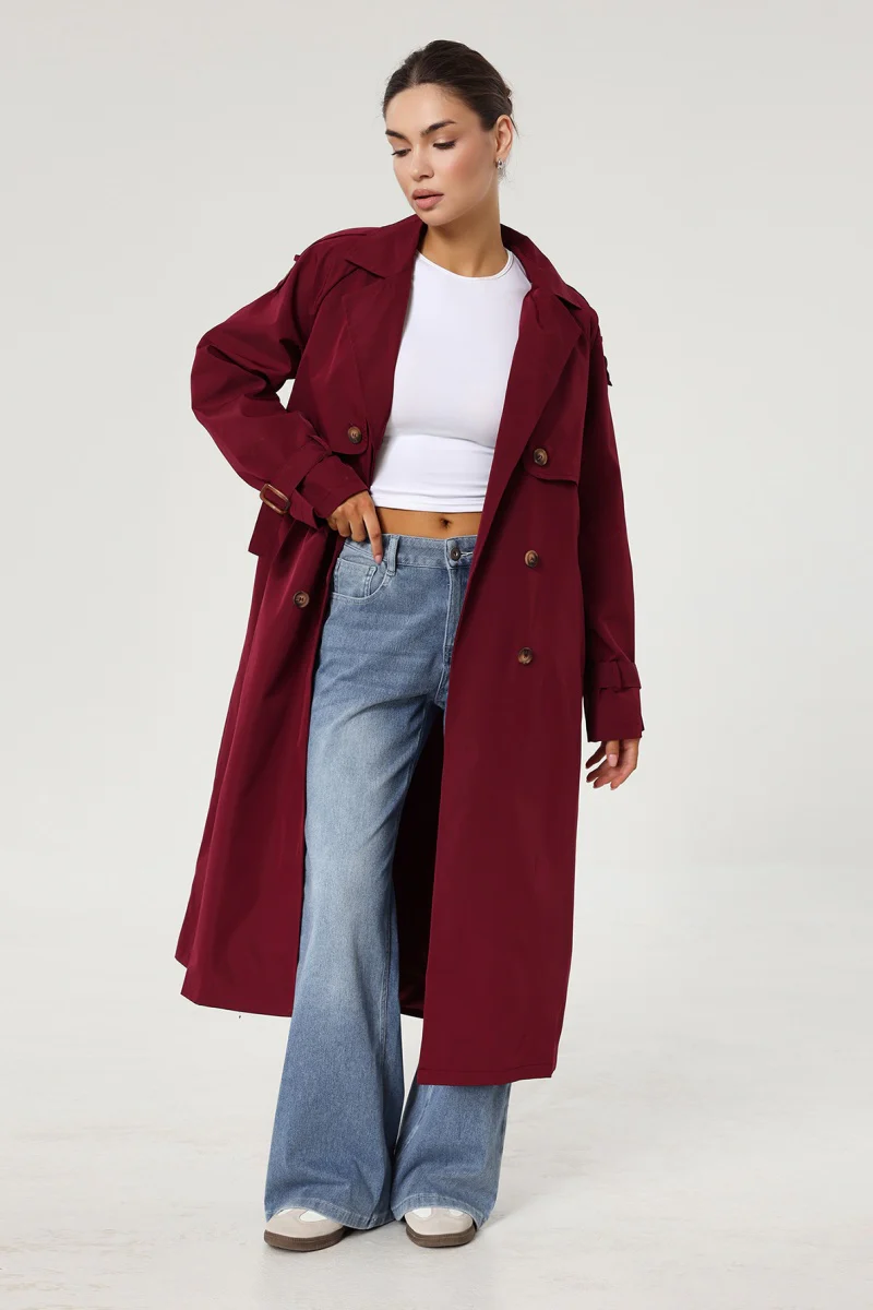 KATCH ME Notch Lapel Double Breasted Belt Decor Trench Coat - Image 4