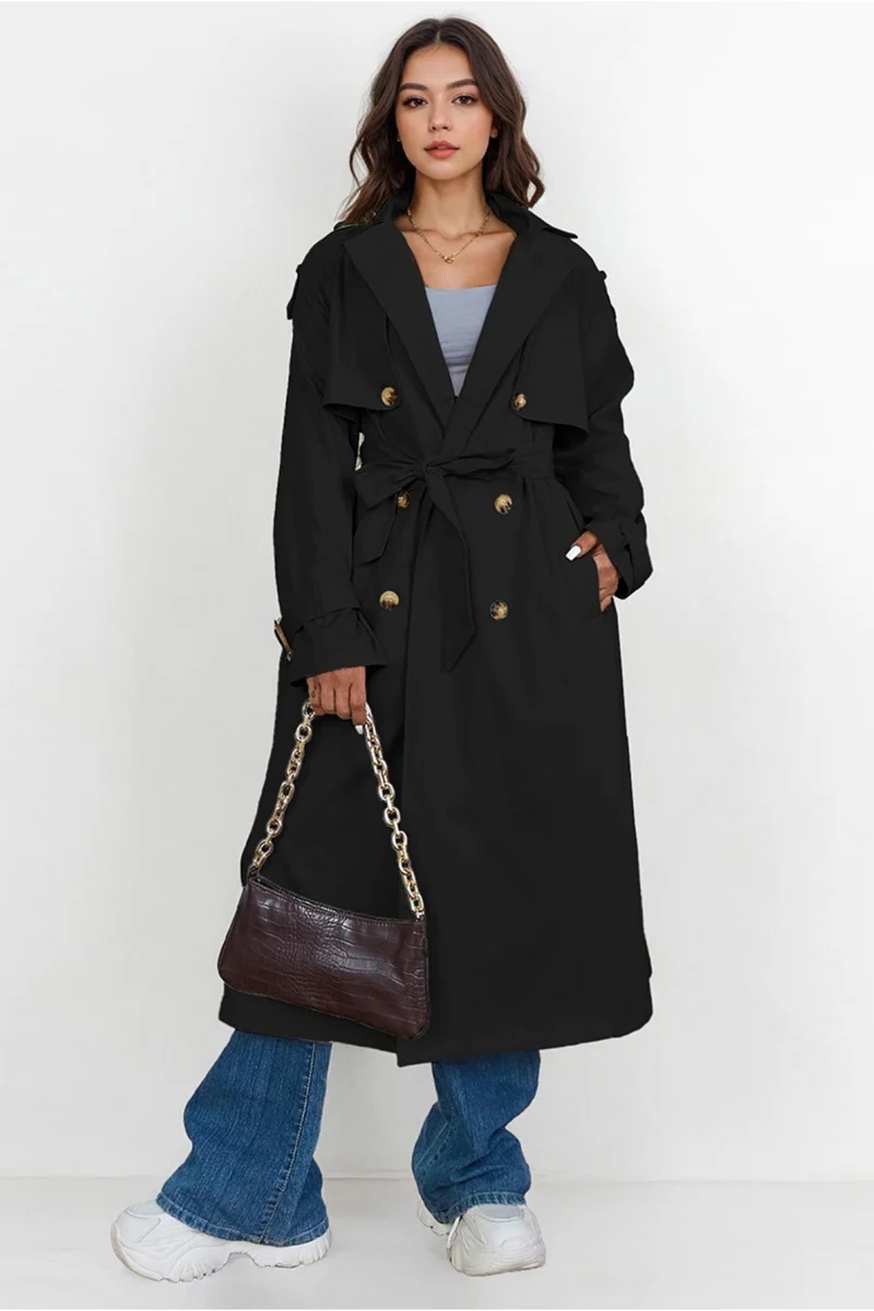 KATCH ME Notch Lapel Double Breasted Belt Decor Trench Coat - Image 6