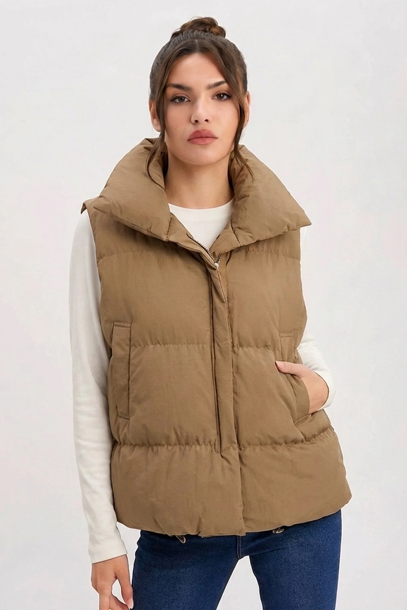 KATCH ME Solid Color Zip-Up Cotton Gilet - Image 3