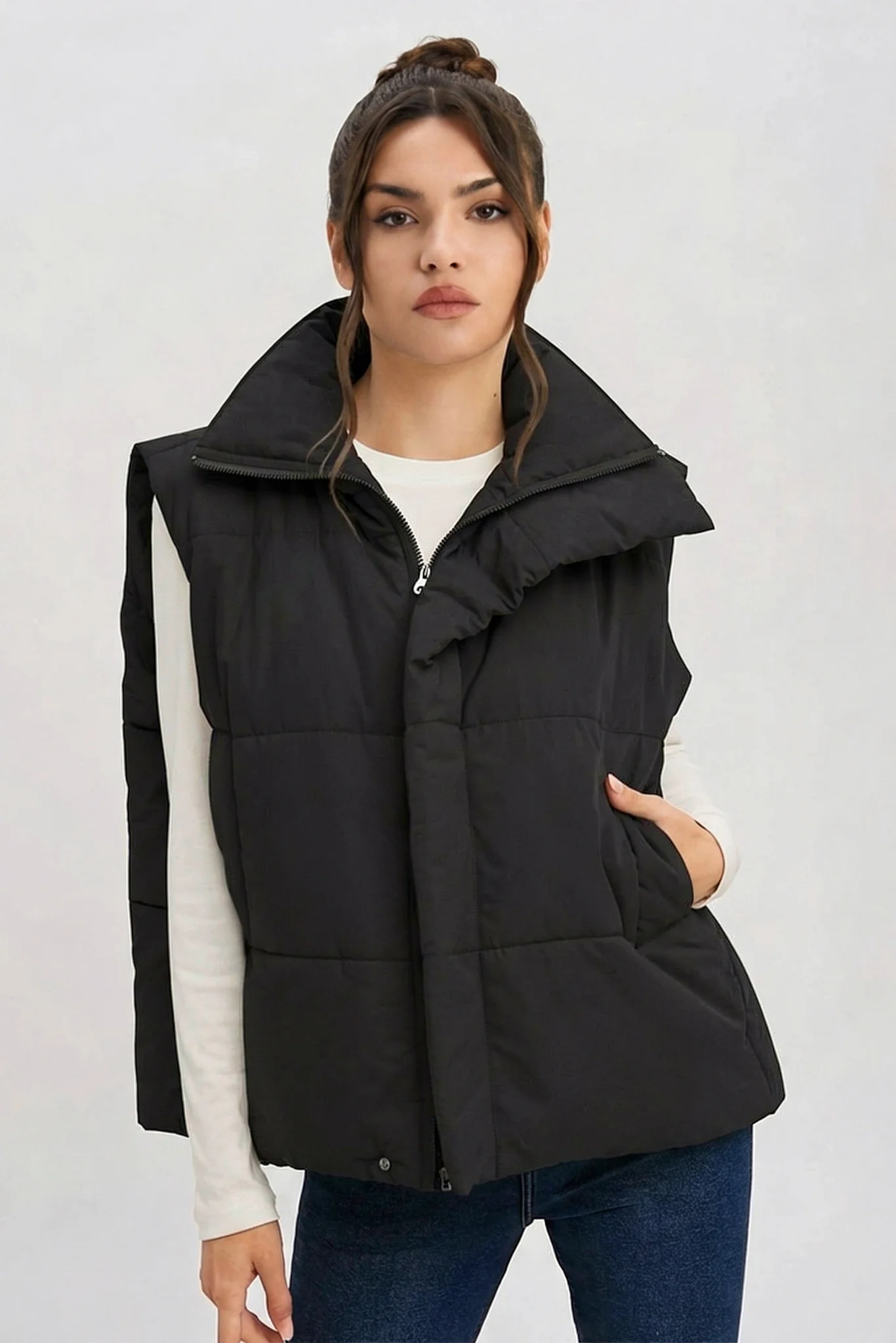 KATCH ME Solid Color Zip-Up Cotton Gilet - Image 8