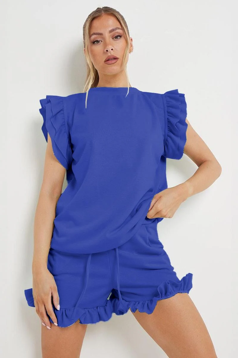 KATCH ME Solid Ruffle Sleeve Top & Pocket Shorts Co-ord Set - Image 2