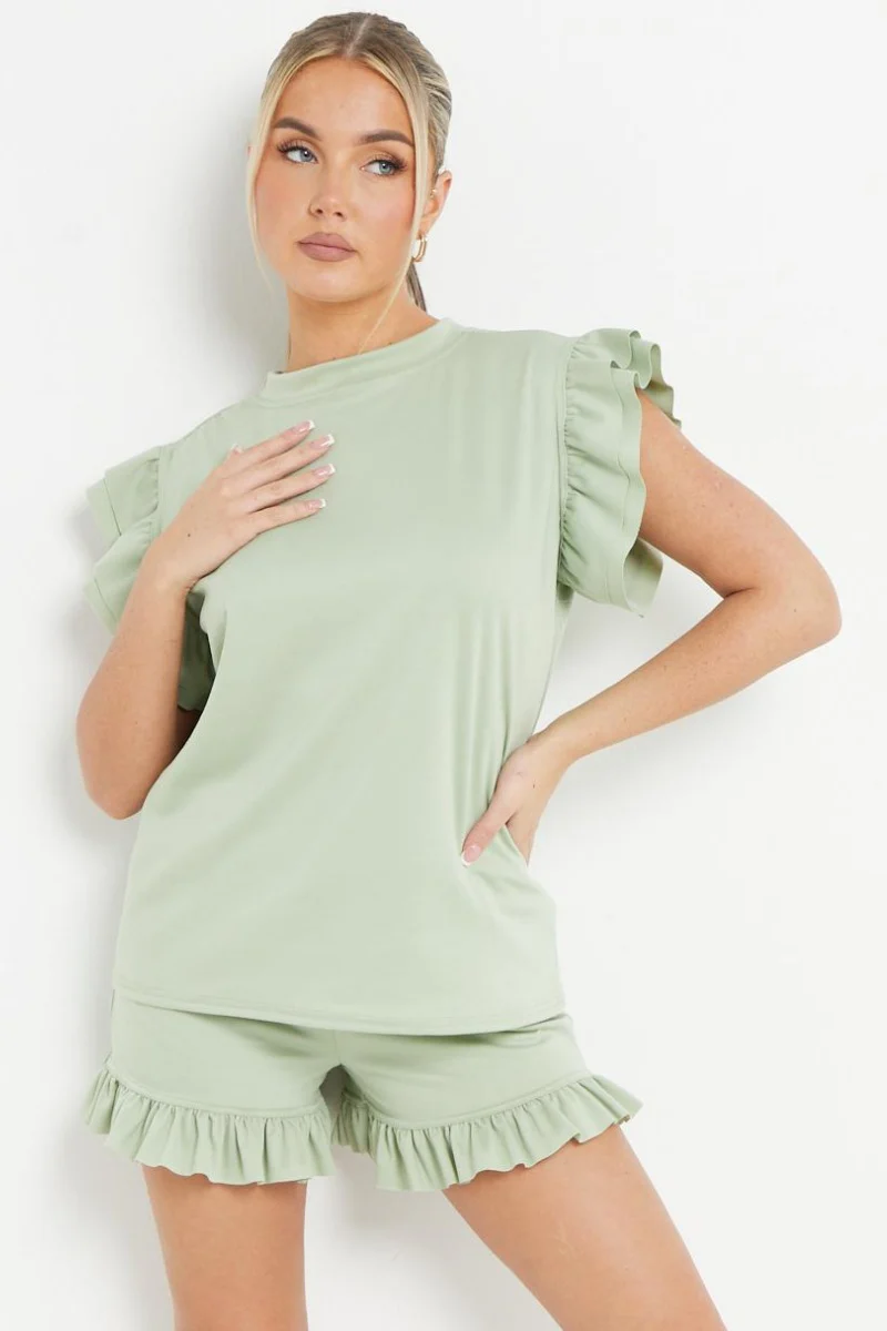 KATCH ME Solid Ruffle Sleeve Top & Pocket Shorts Co-ord Set - Image 3