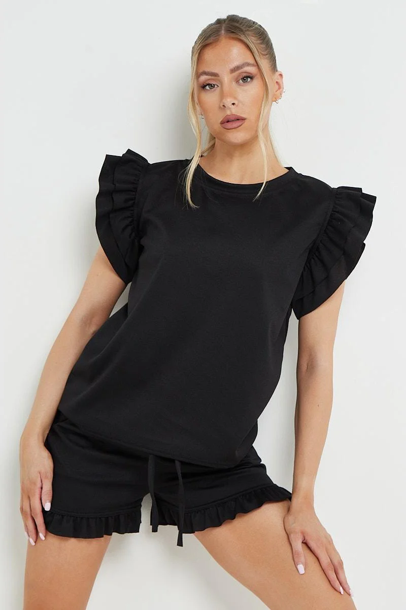 KATCH ME Solid Ruffle Sleeve Top & Pocket Shorts Co-ord Set - Image 5
