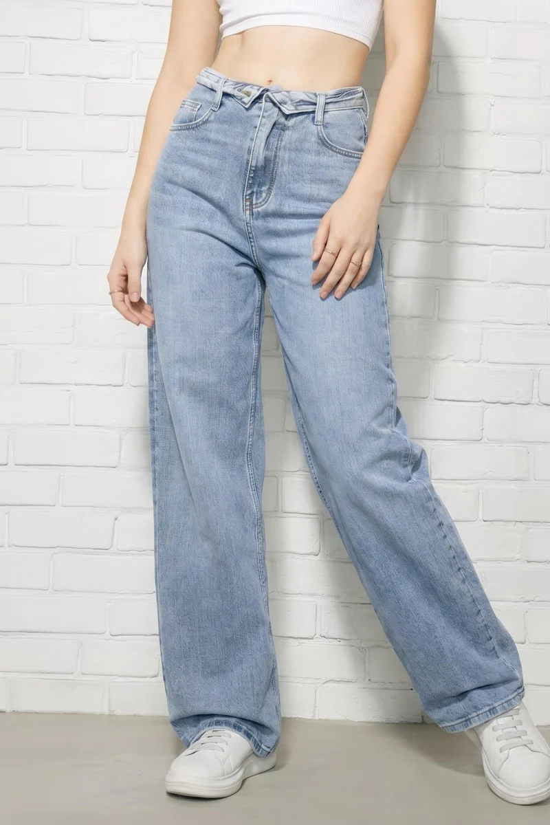 KATCH ME Women's Folded-Waist Wide-Leg Floor-Length Denim Jeans