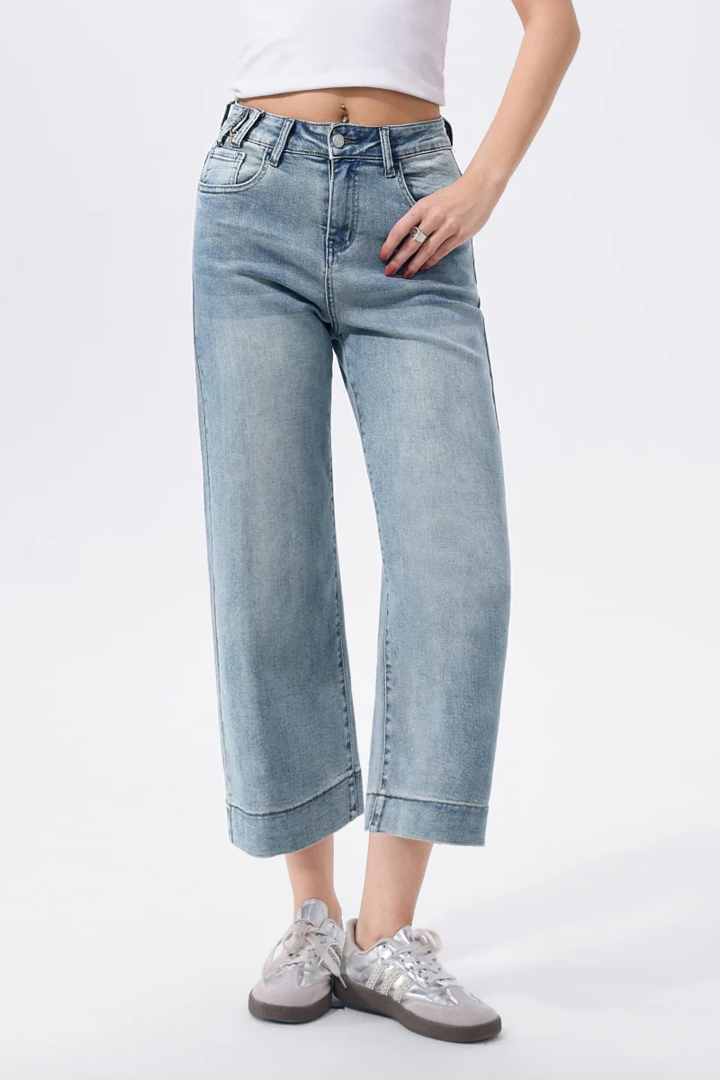 KATCH ME Women's Mid-Rise Wide Leg Cropped Jeans, Multi-Pocket Street Style Stretchy Denim Trousers - Image 2