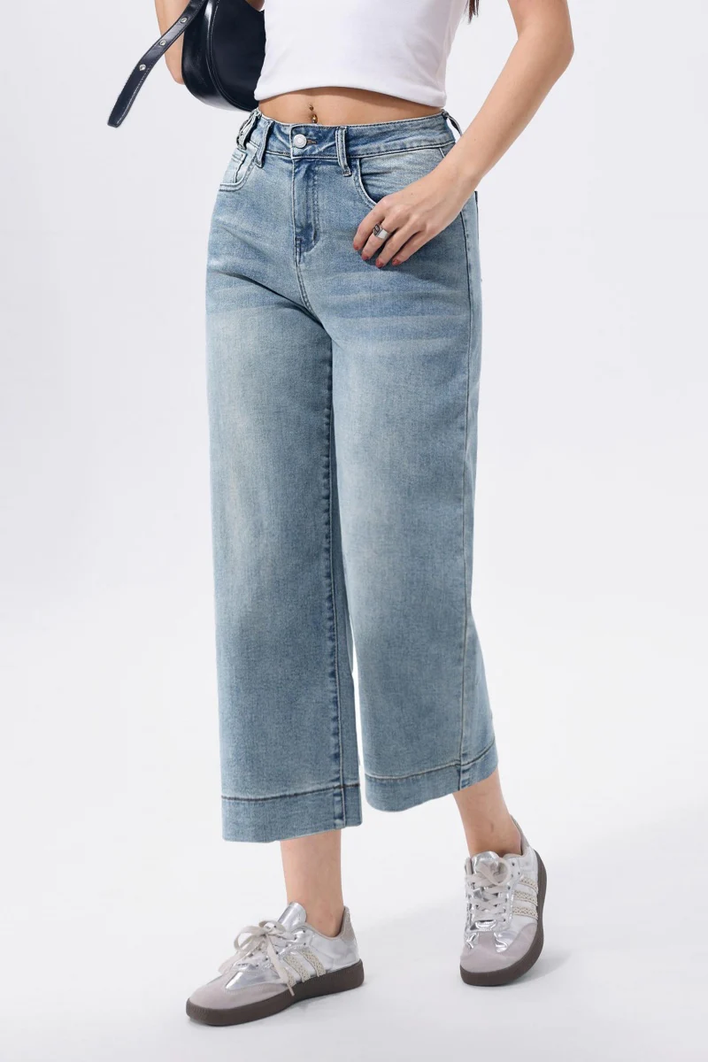 KATCH ME Women's Mid-Rise Wide Leg Cropped Jeans, Multi-Pocket Street Style Stretchy Denim Trousers - Image 5