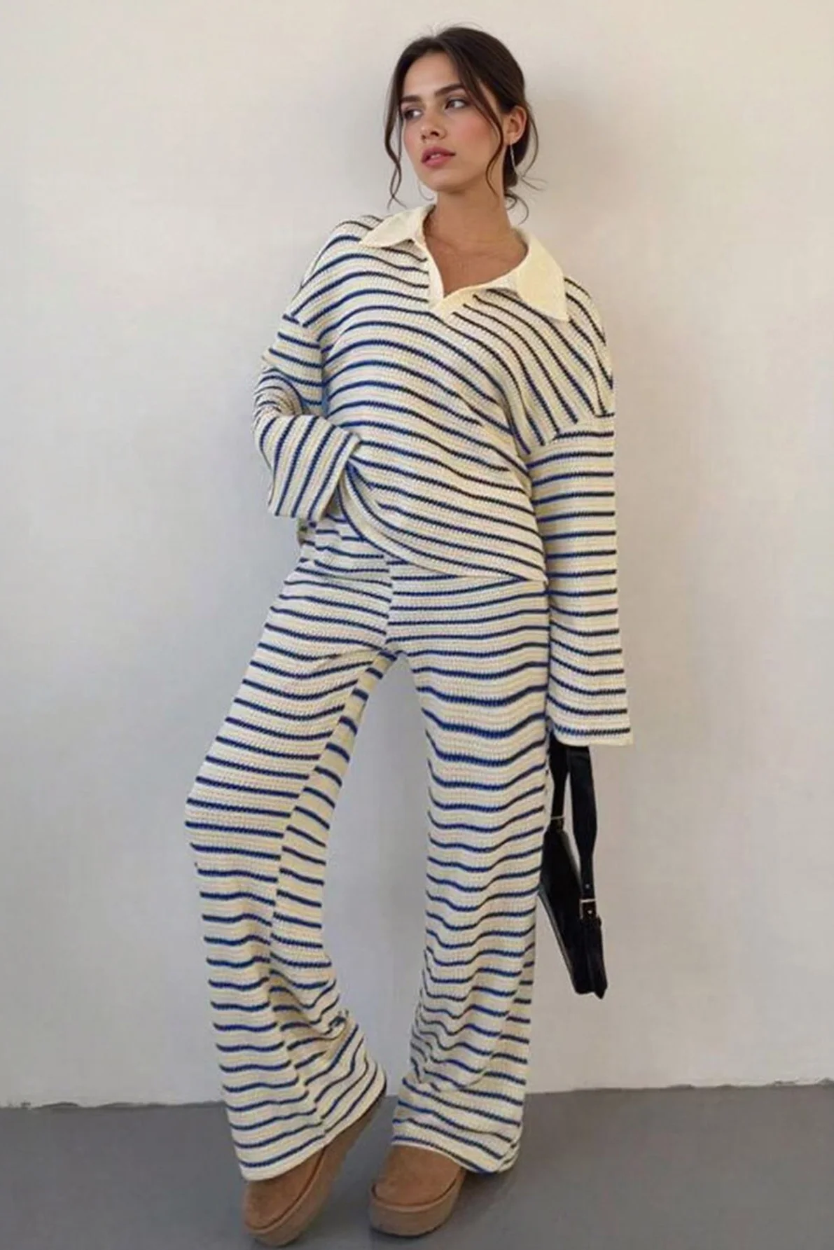 KATCH ME Classic V-Neck Stripe Long Sleeve Top & Wide Leg Trousers Co-ord Set - Image 10