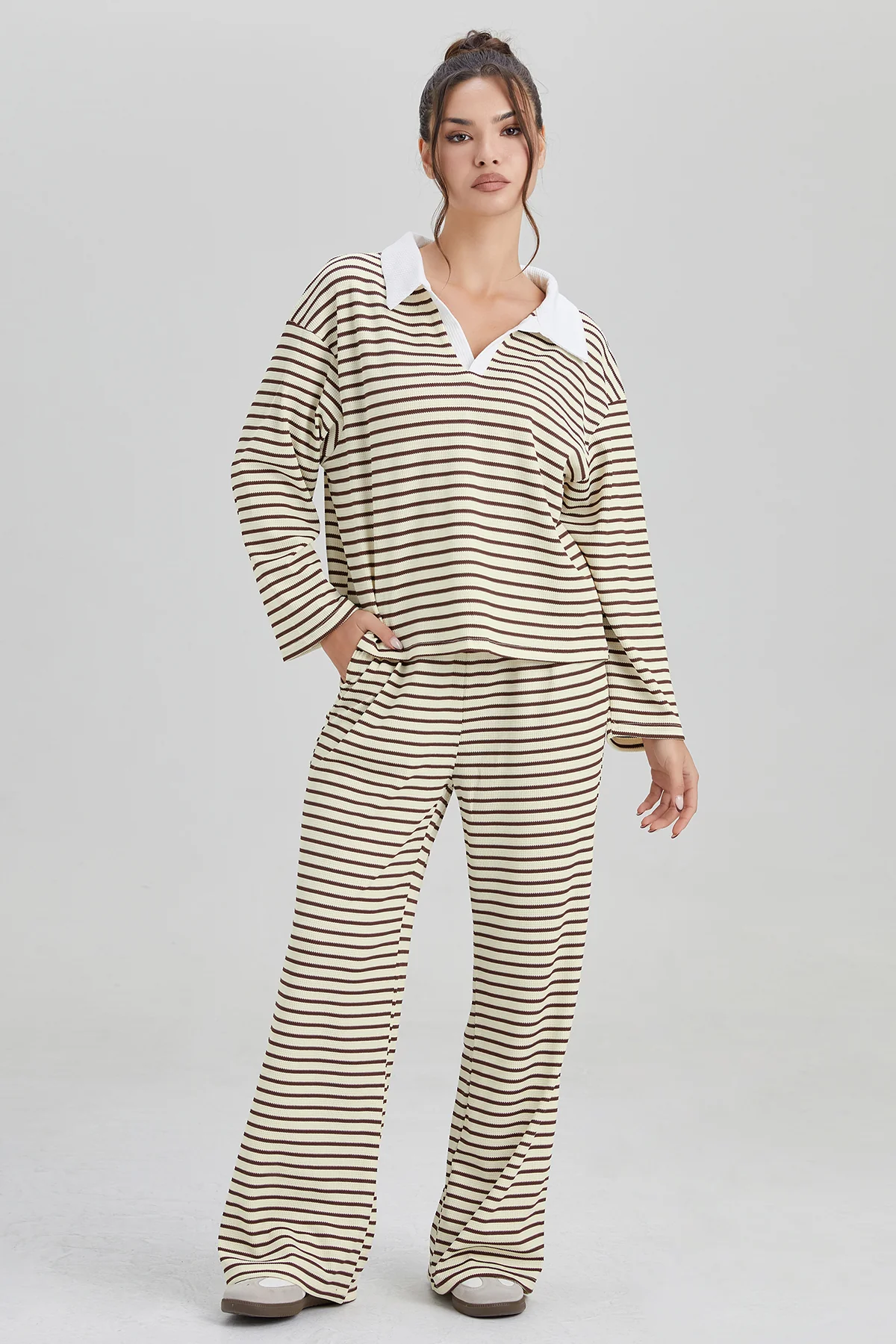 KATCH ME Classic V-Neck Stripe Long Sleeve Top & Wide Leg Trousers Co-ord Set - Image 3