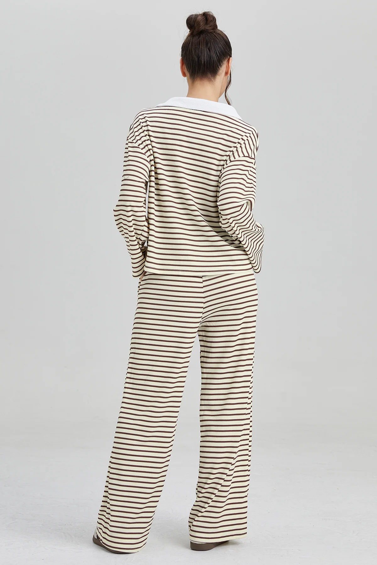 KATCH ME Classic V-Neck Stripe Long Sleeve Top & Wide Leg Trousers Co-ord Set - Image 4