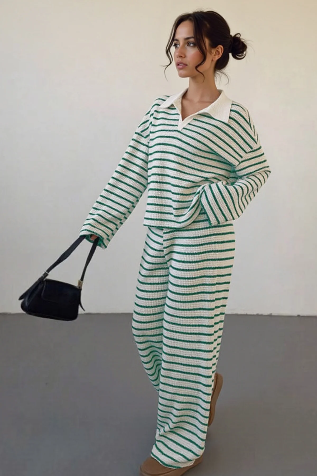 KATCH ME Classic V-Neck Stripe Long Sleeve Top & Wide Leg Trousers Co-ord Set - Image 5