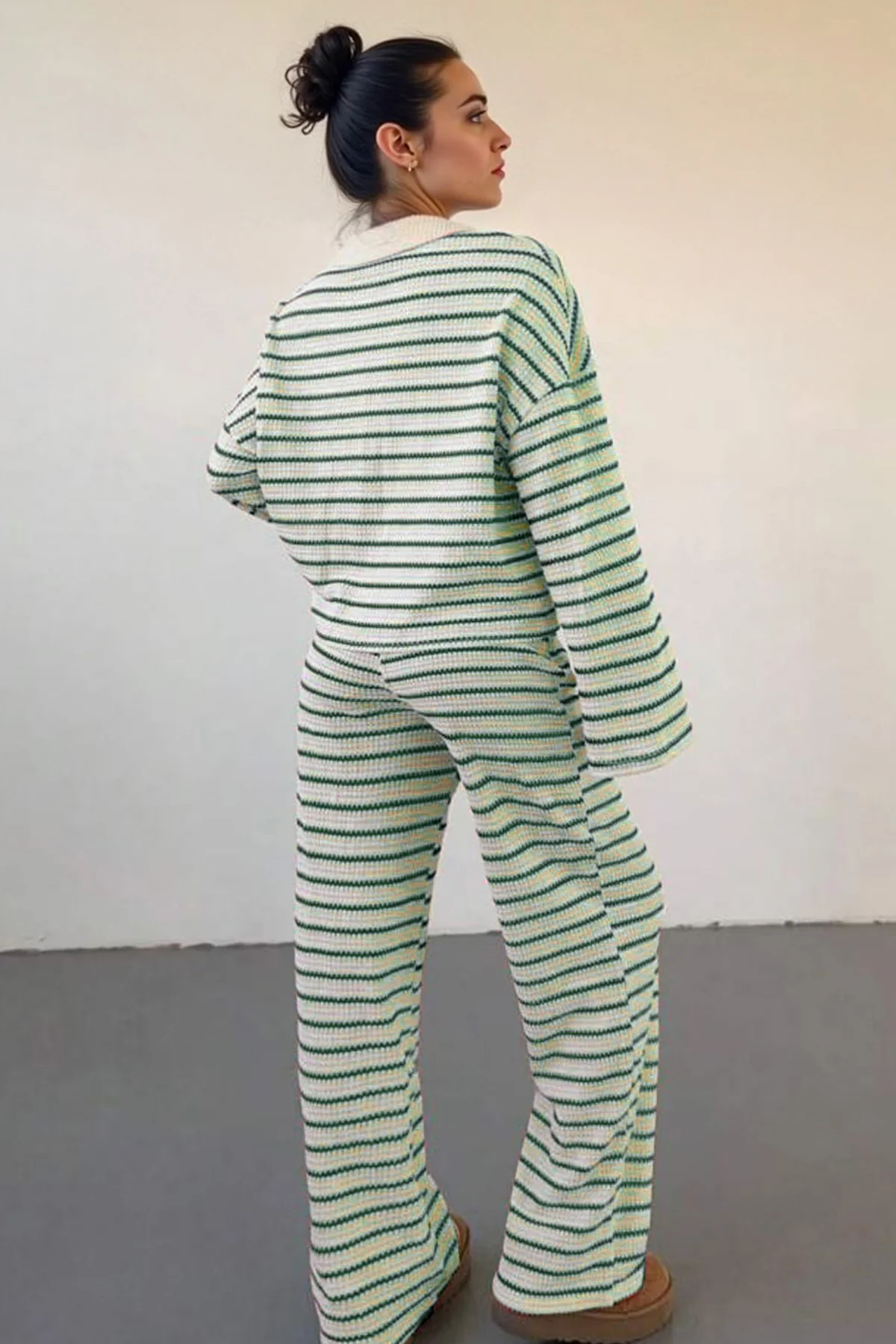 KATCH ME Classic V-Neck Stripe Long Sleeve Top & Wide Leg Trousers Co-ord Set - Image 6