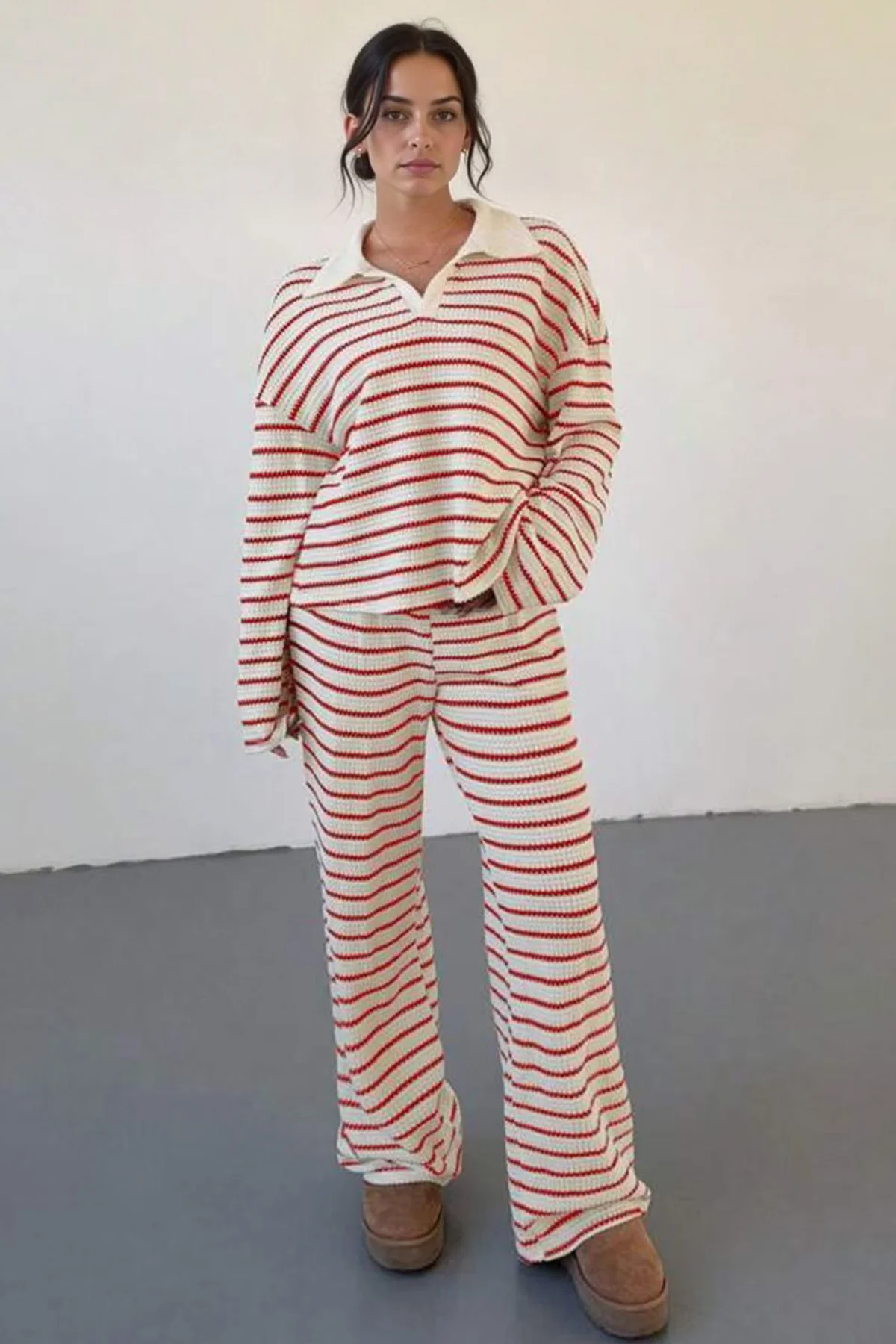 KATCH ME Classic V-Neck Stripe Long Sleeve Top & Wide Leg Trousers Co-ord Set - Image 7