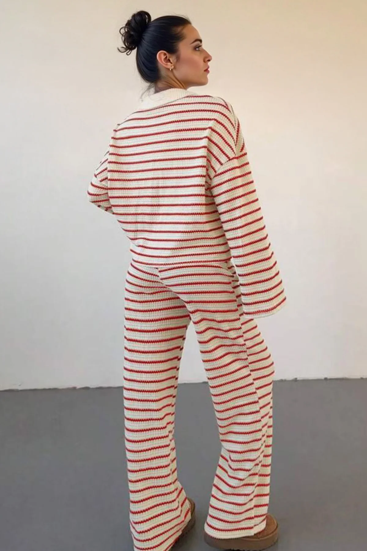 KATCH ME Classic V-Neck Stripe Long Sleeve Top & Wide Leg Trousers Co-ord Set - Image 8