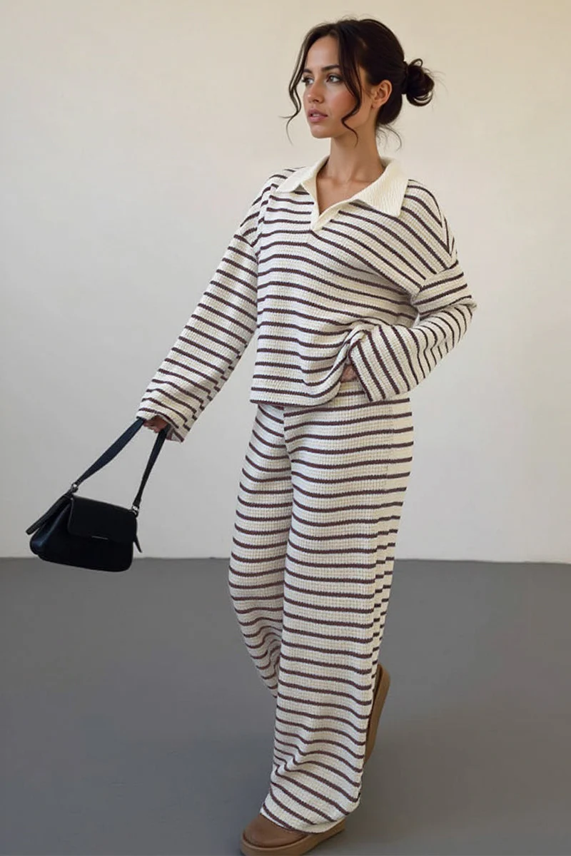 KATCH ME Classic V-Neck Stripe Long Sleeve Top & Wide Leg Trousers Co-ord Set - Image 9