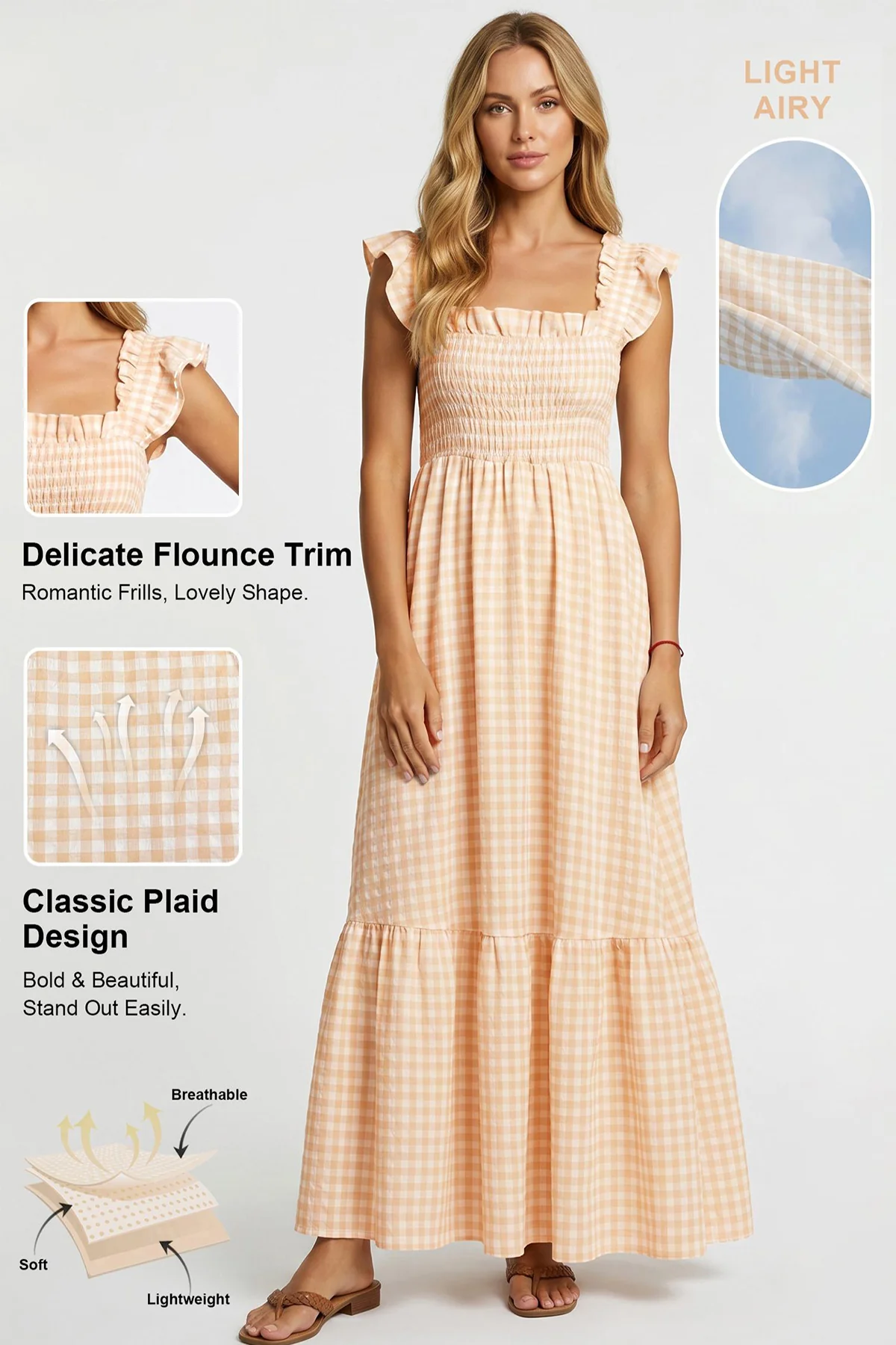 KATCH ME Comfort Skin-Friendly Plaid Square Neck Ruched Maxi Dress - Image 2