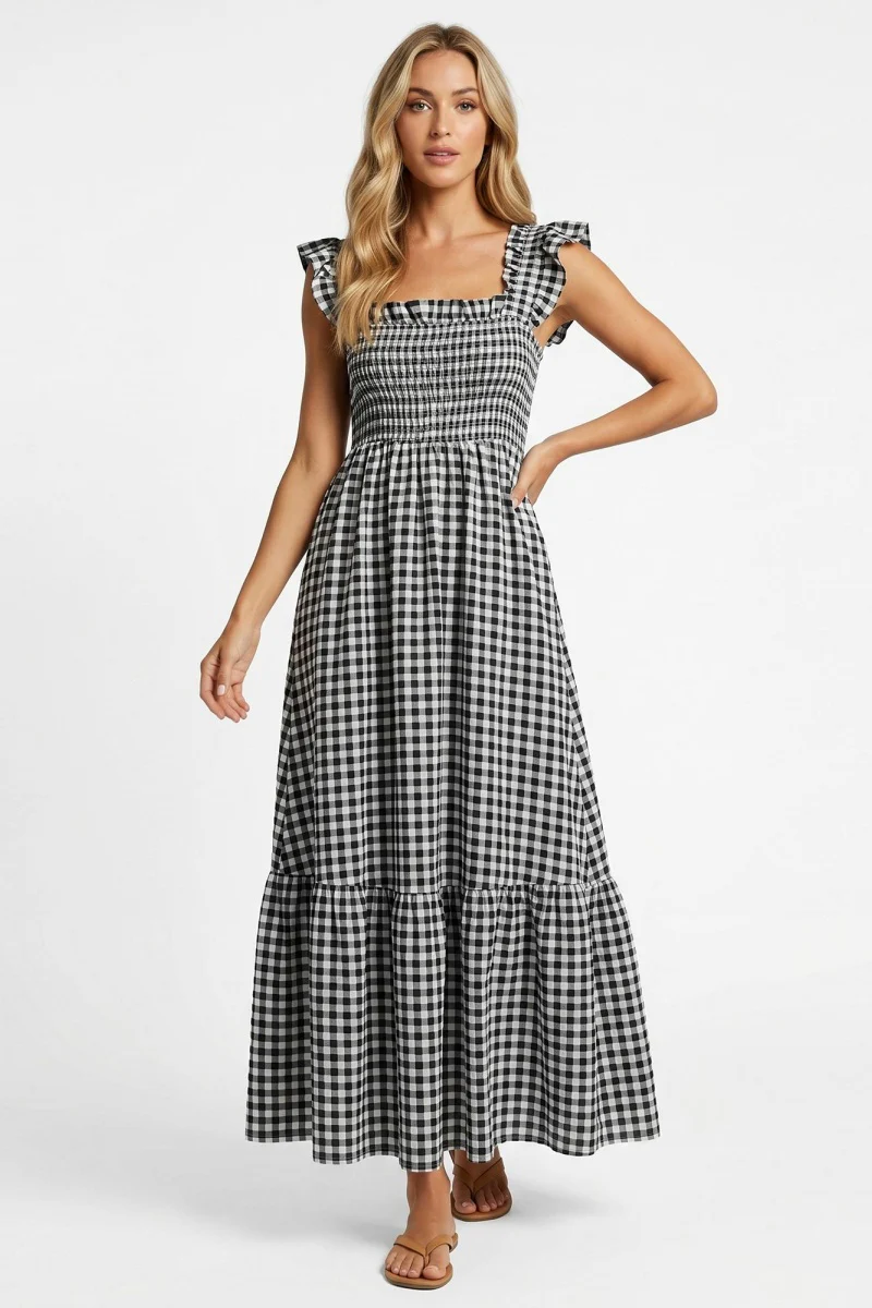 KATCH ME Comfort Skin-Friendly Plaid Square Neck Ruched Maxi Dress - Image 6