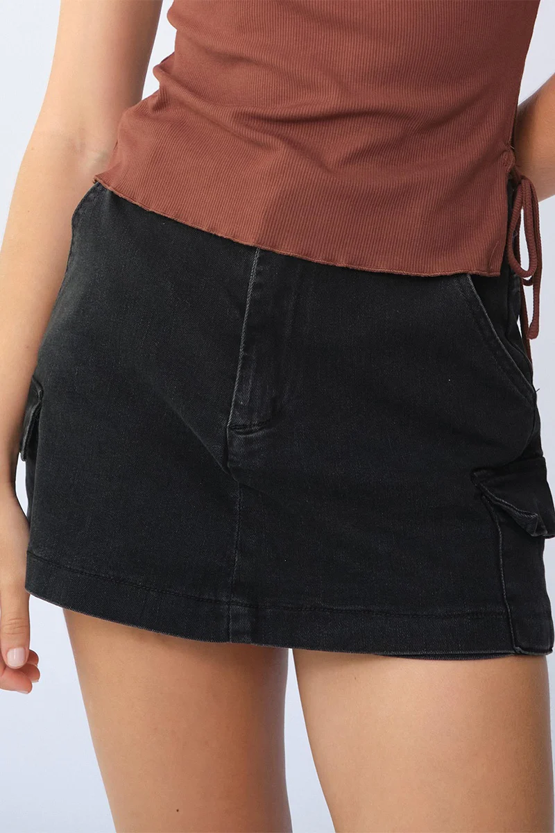 KATCH ME Comfort Soft Solid Color High Waist Cargo Pocket Mini Denim Skort - Image 4