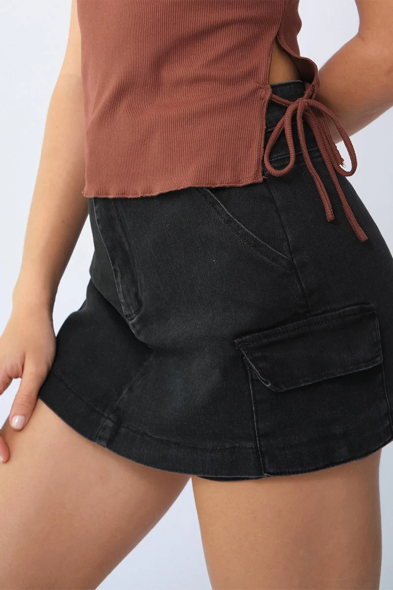 KATCH ME Comfort Soft Solid Color High Waist Cargo Pocket Mini Denim Skort - Image 6