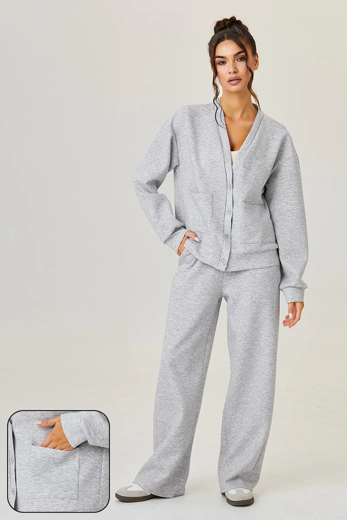 KATCH ME Comfort Solid Color Button-Up Long Sleeve Two Piece Co-ord - Image 2