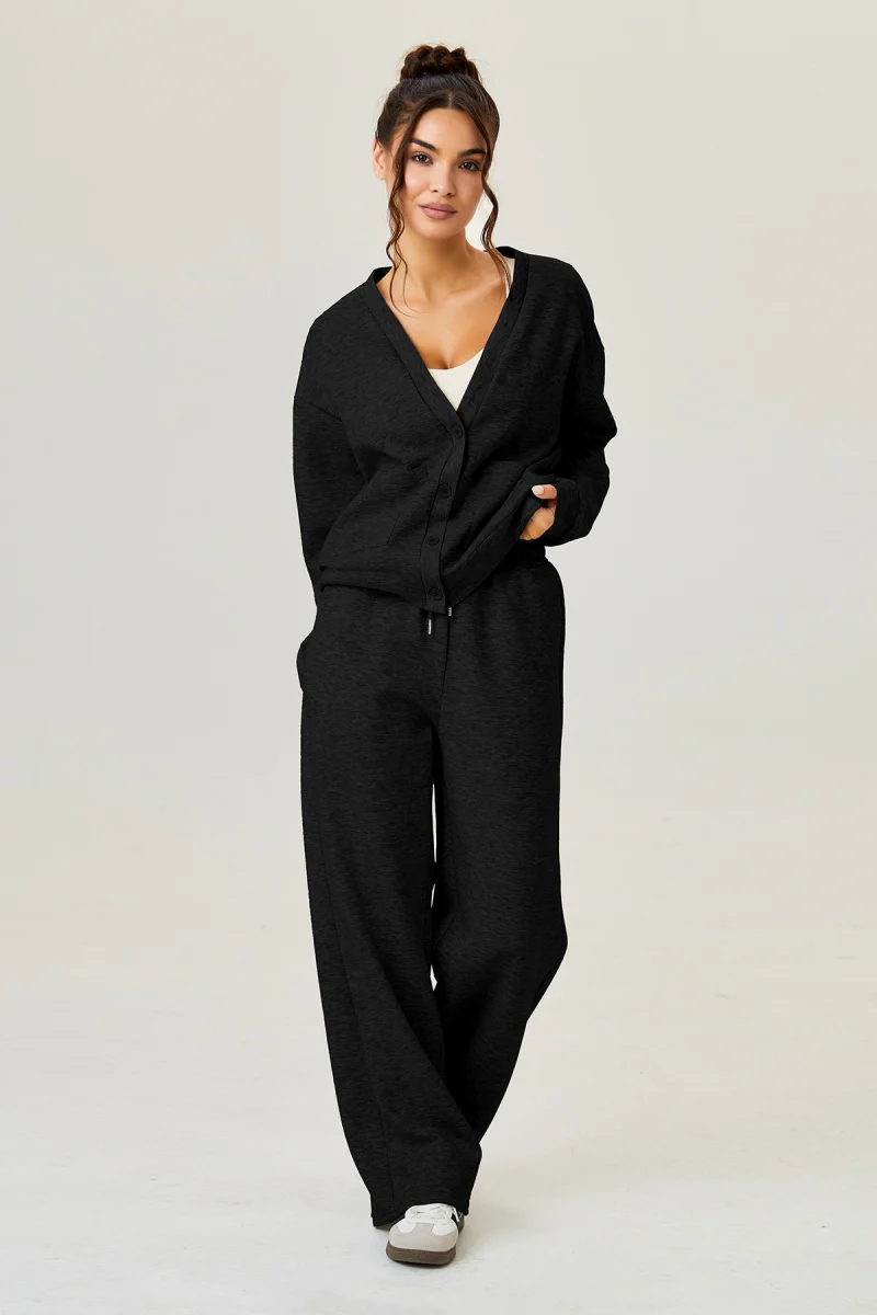 KATCH ME Comfort Solid Color Button-Up Long Sleeve Two Piece Co-ord - Image 5