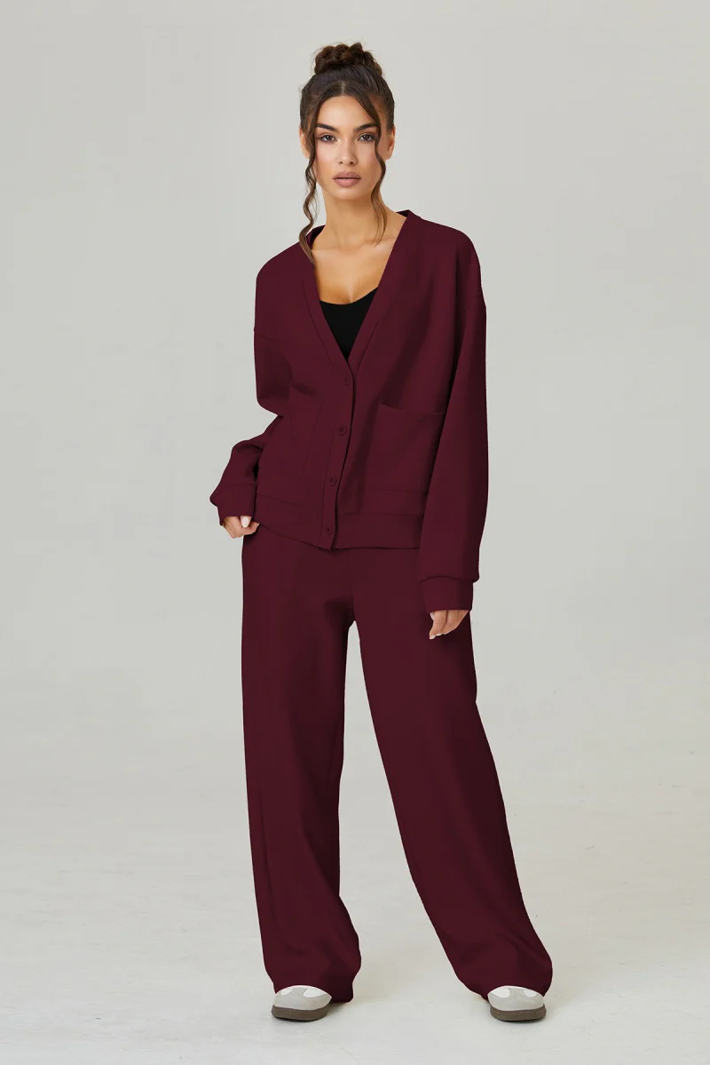 KATCH ME Comfort Solid Color Button-Up Long Sleeve Two Piece Co-ord - Image 9