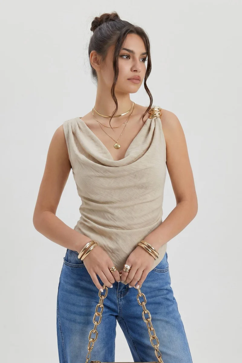 KATCH ME Lightweight Flowy Cowl Neck Metal Buckle Asymmetric Sleeveless Top - Image 3
