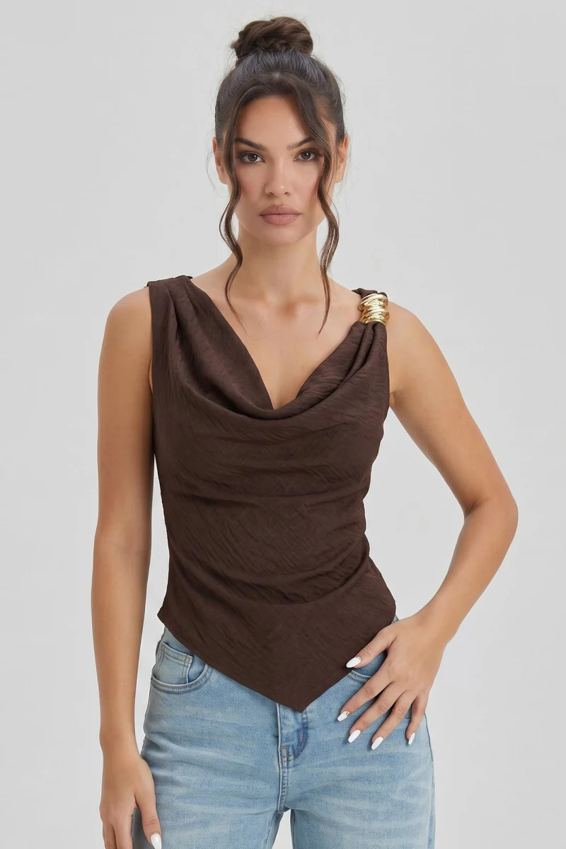 KATCH ME Lightweight Flowy Cowl Neck Metal Buckle Asymmetric Sleeveless Top - Image 5