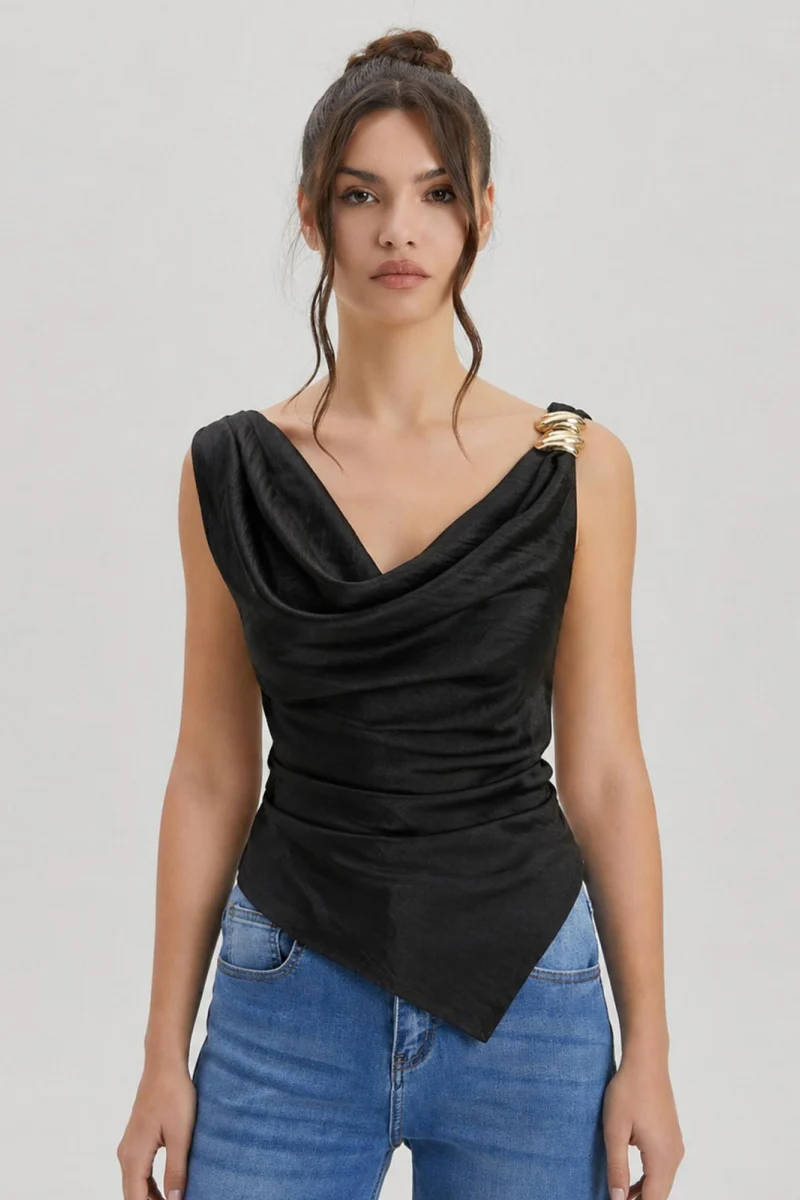 KATCH ME Lightweight Flowy Cowl Neck Metal Buckle Asymmetric Sleeveless Top - Image 6
