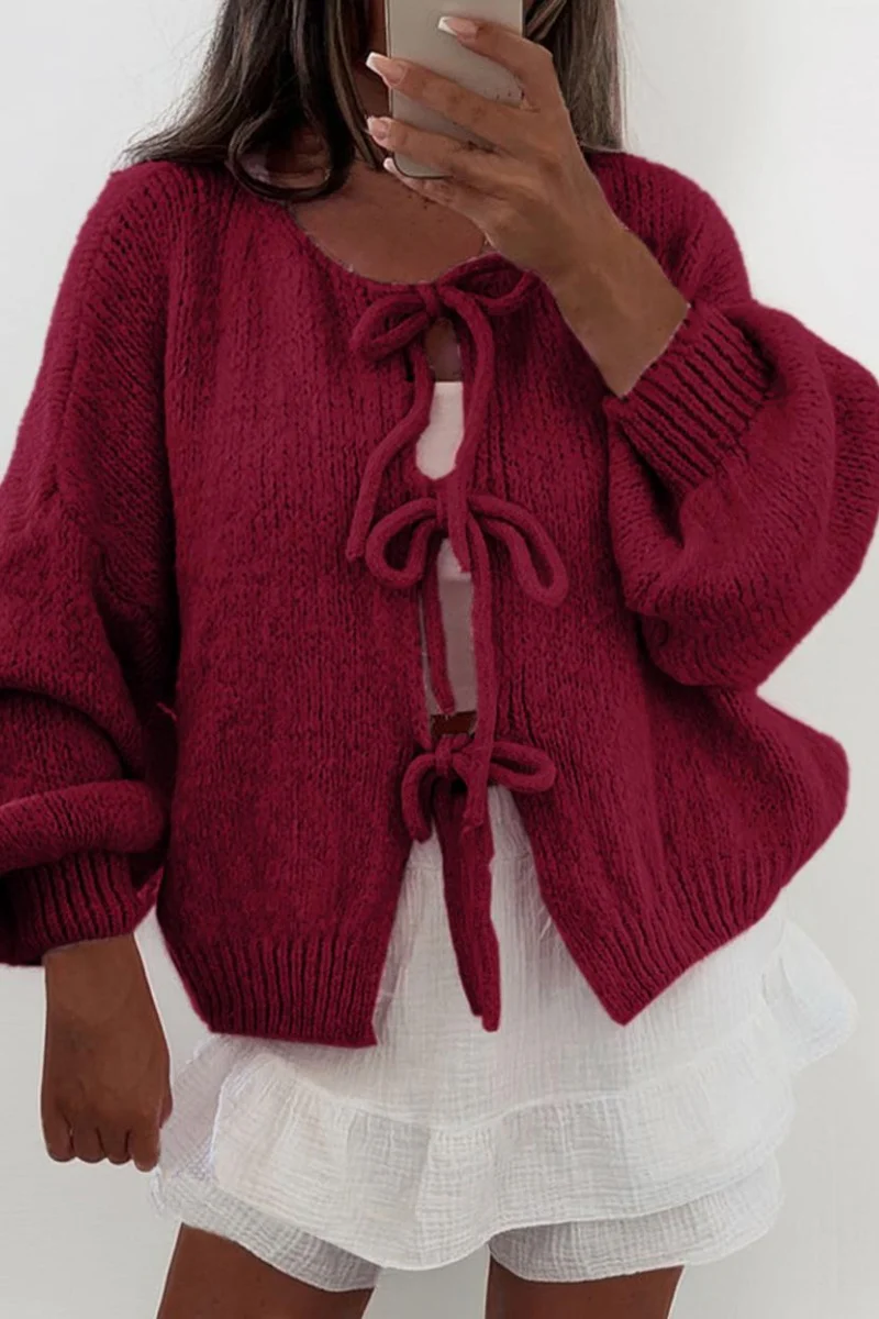 KATCH ME Lightweight Knit Solid Color Tie Front Drop Shoulder Long Sleeve Cardigan - Image 3