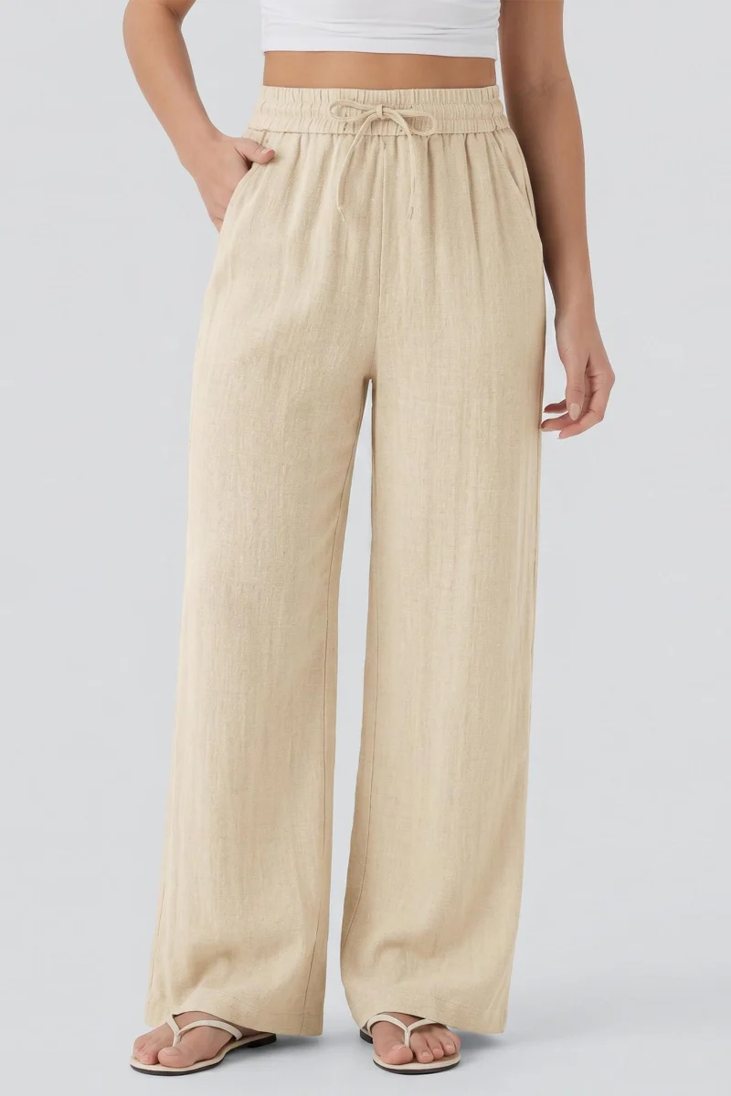 KATCH ME Lightweight Linen High Waist Drawstring Wide Leg Trousers - Image 3