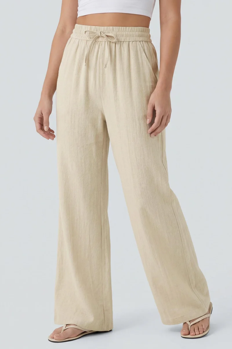 KATCH ME Lightweight Linen High Waist Drawstring Wide Leg Trousers - Image 4