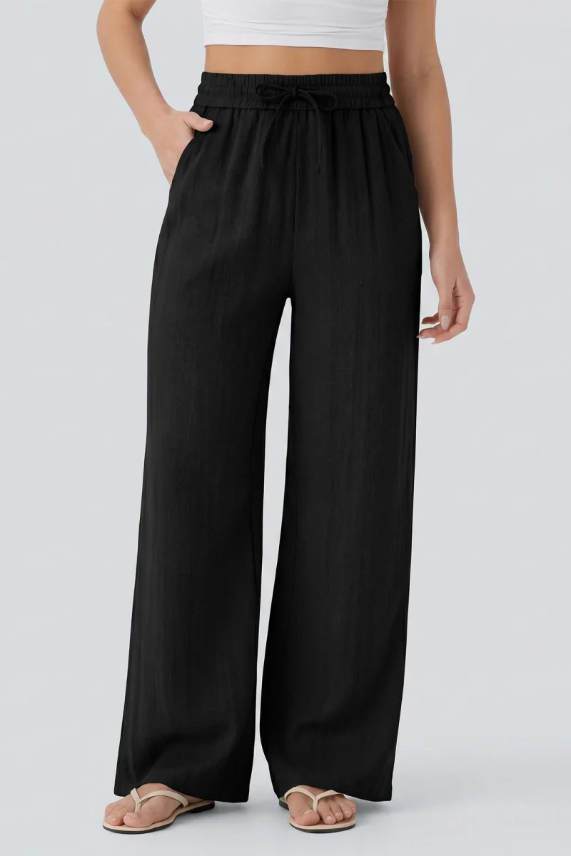 KATCH ME Lightweight Linen High Waist Drawstring Wide Leg Trousers - Image 5