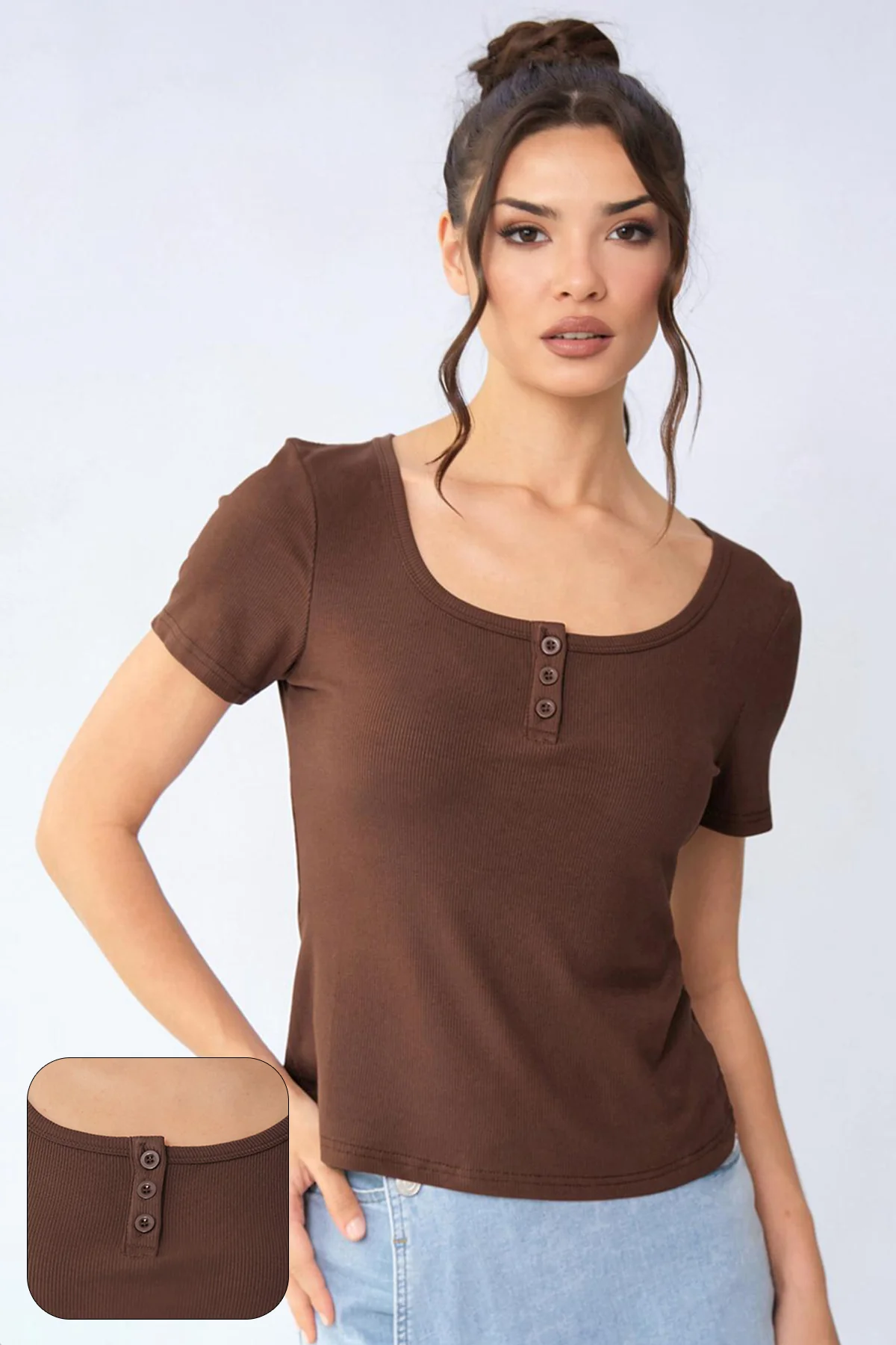 KATCH ME Soft Comfort Solid Color Square Neck Short Sleeve Top - Image 2