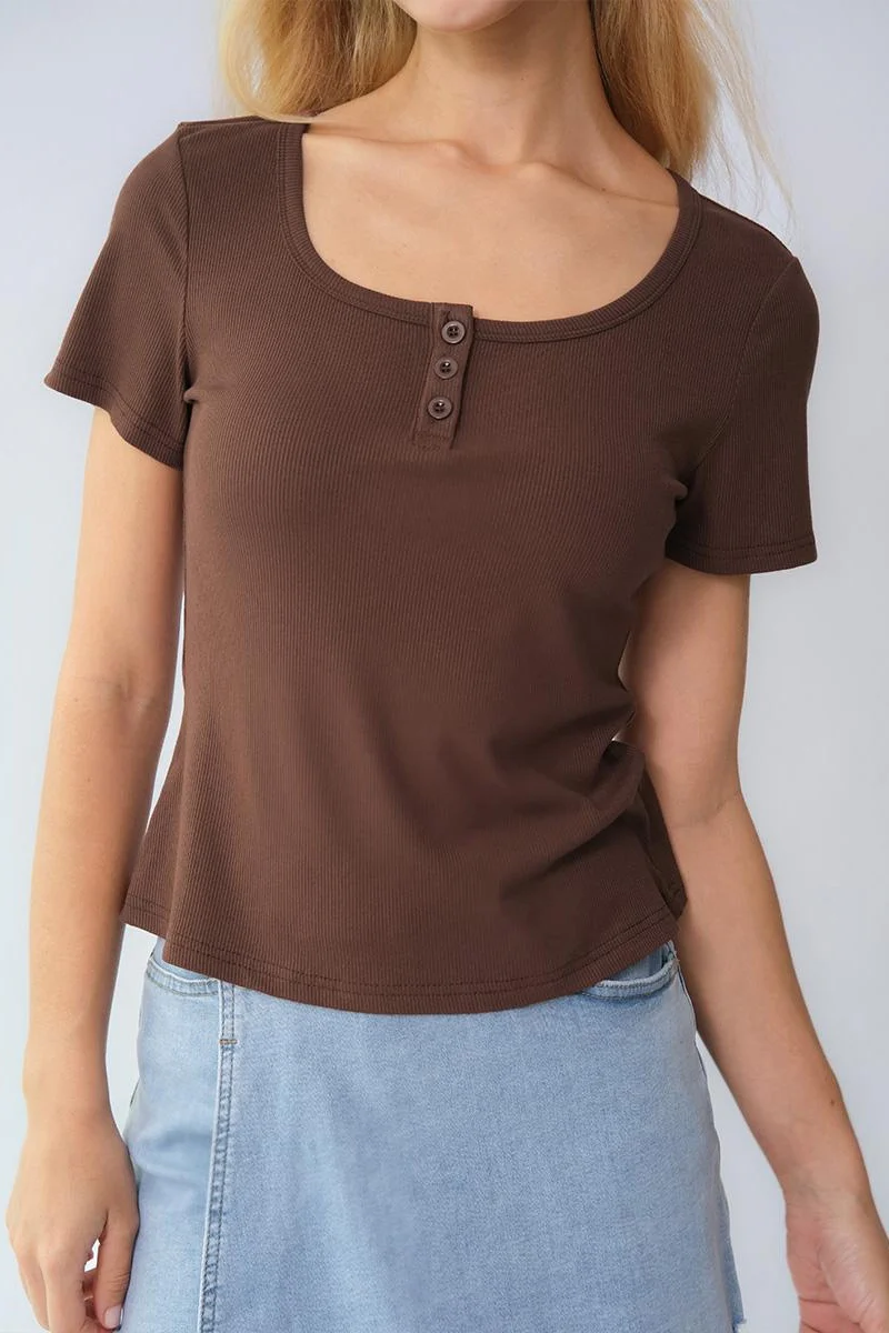 KATCH ME Soft Comfort Solid Color Square Neck Short Sleeve Top - Image 4