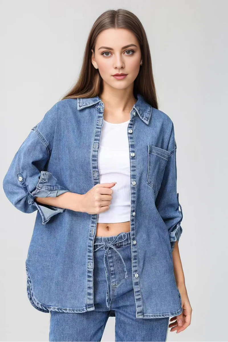 KATCH ME Soft Denim Lapel Oversized Button Long Sleeve Jacket