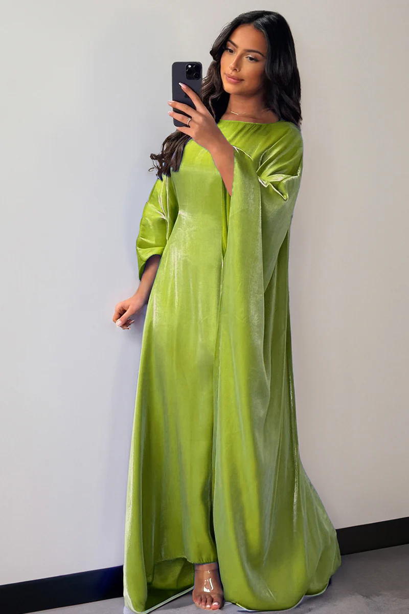 KATCH ME Soft Iridescent Fabric Solid Color Scoop Neck Loose Sleeve Maxi Dress
