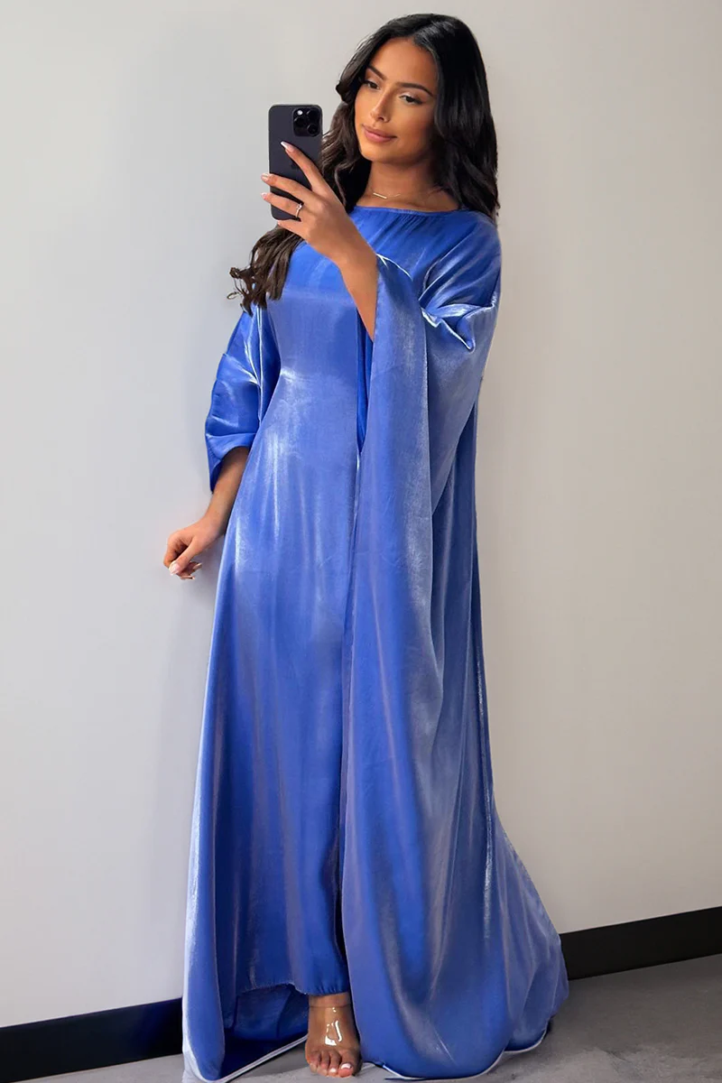 KATCH ME Soft Iridescent Fabric Solid Color Scoop Neck Loose Sleeve Maxi Dress - Image 12