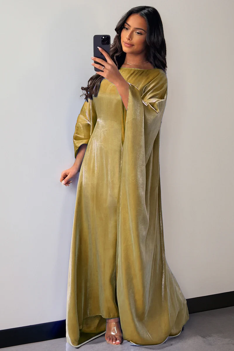 KATCH ME Soft Iridescent Fabric Solid Color Scoop Neck Loose Sleeve Maxi Dress - Image 9